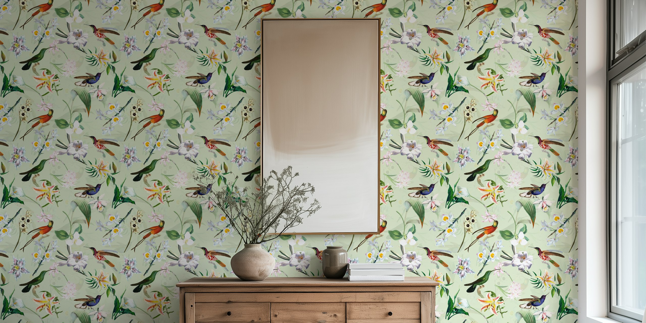 Tropical hummingbirds and flowers in pastel colors wallpaper