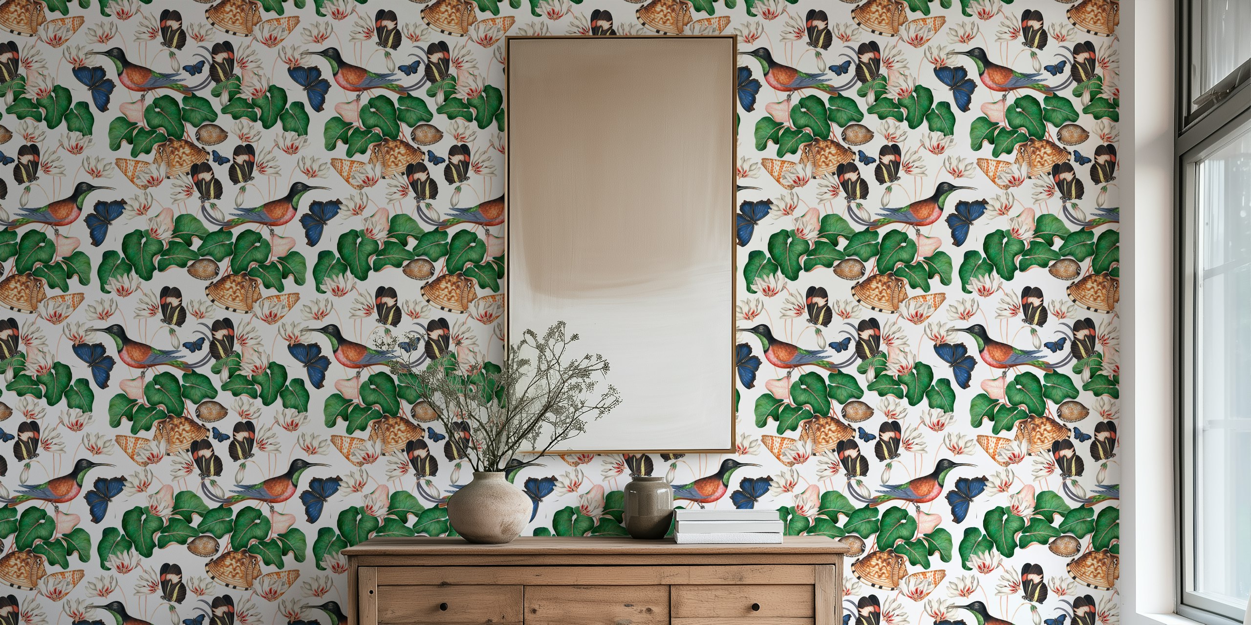 Exotic vintage wall mural featuring hummingbirds and jungle flora