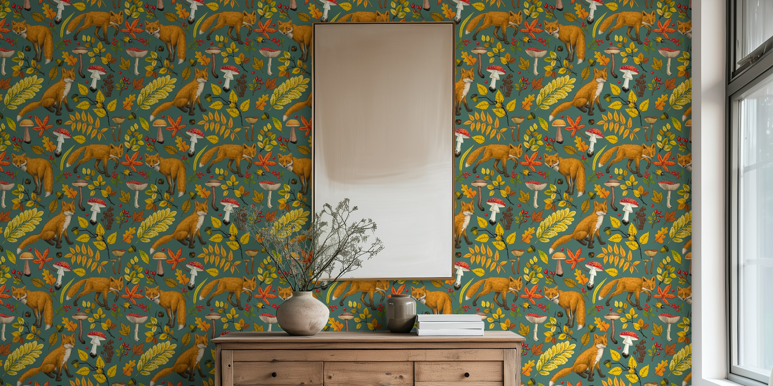 Cálido mural de pared con temática otoñal que presenta zorros, hojas, bellotas y setas sobre un fondo verde pino