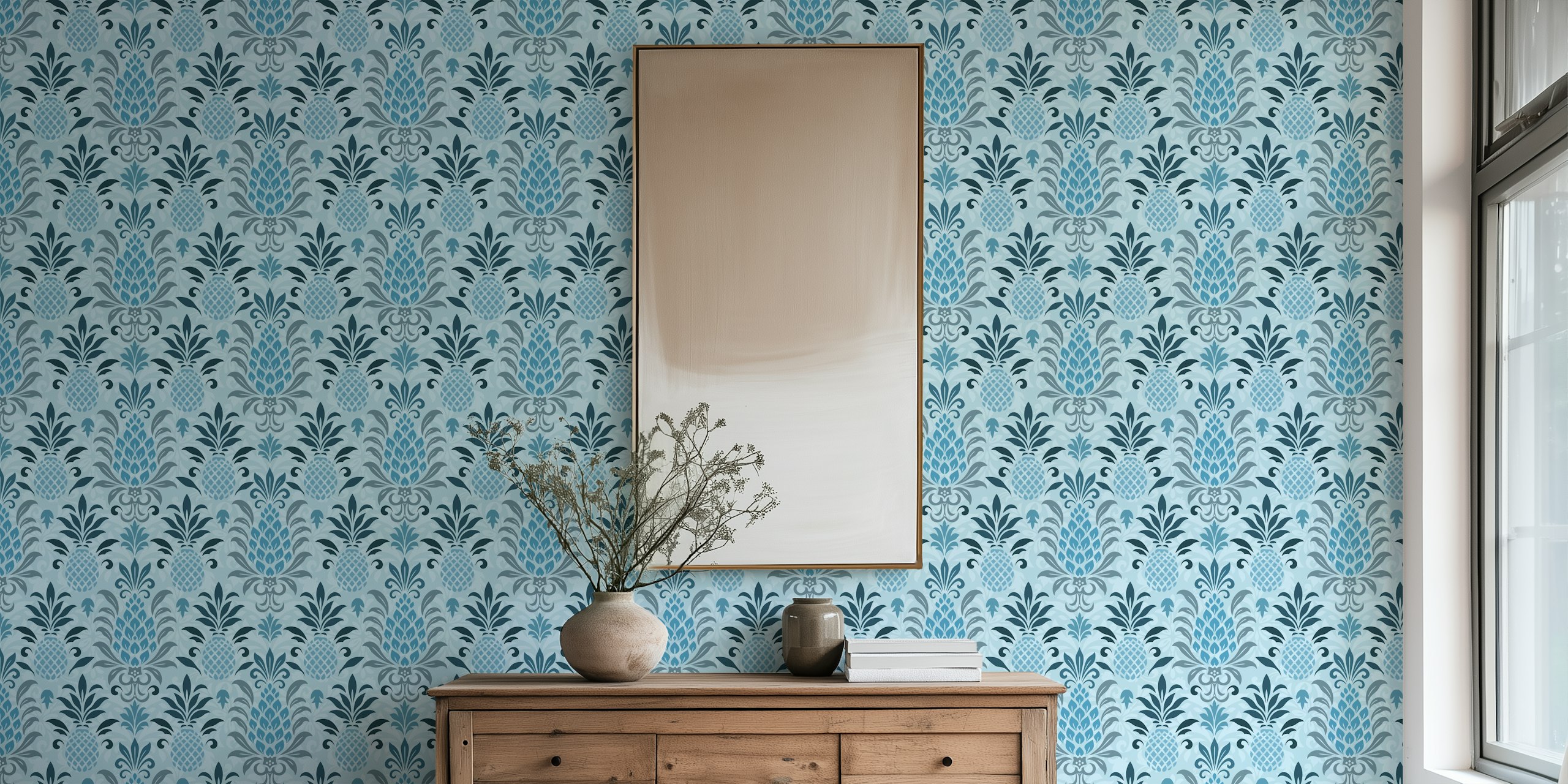 Teal blue pineapple damask wallpaper