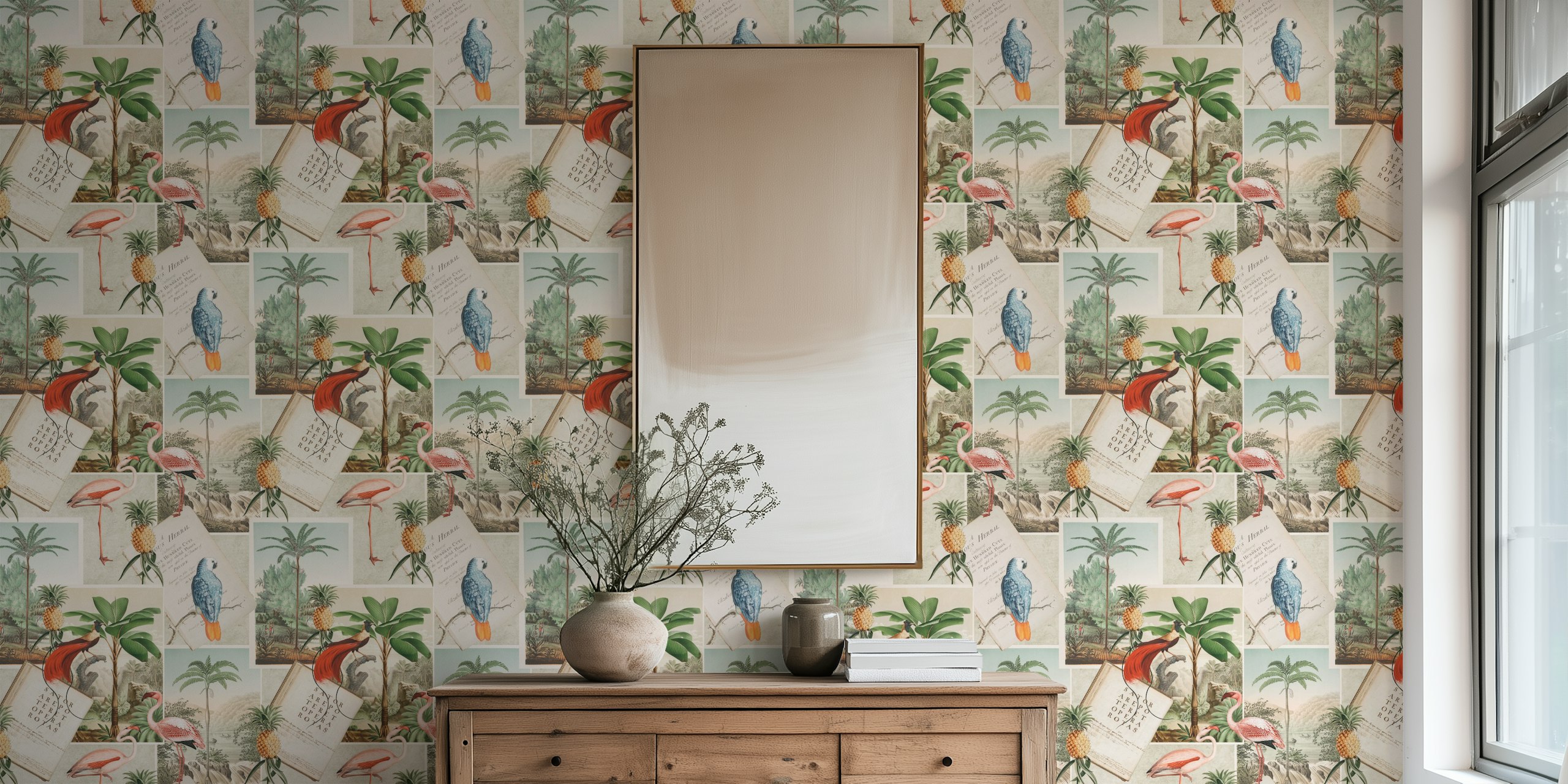 Vintage botanical collage wallpaper w pokoju