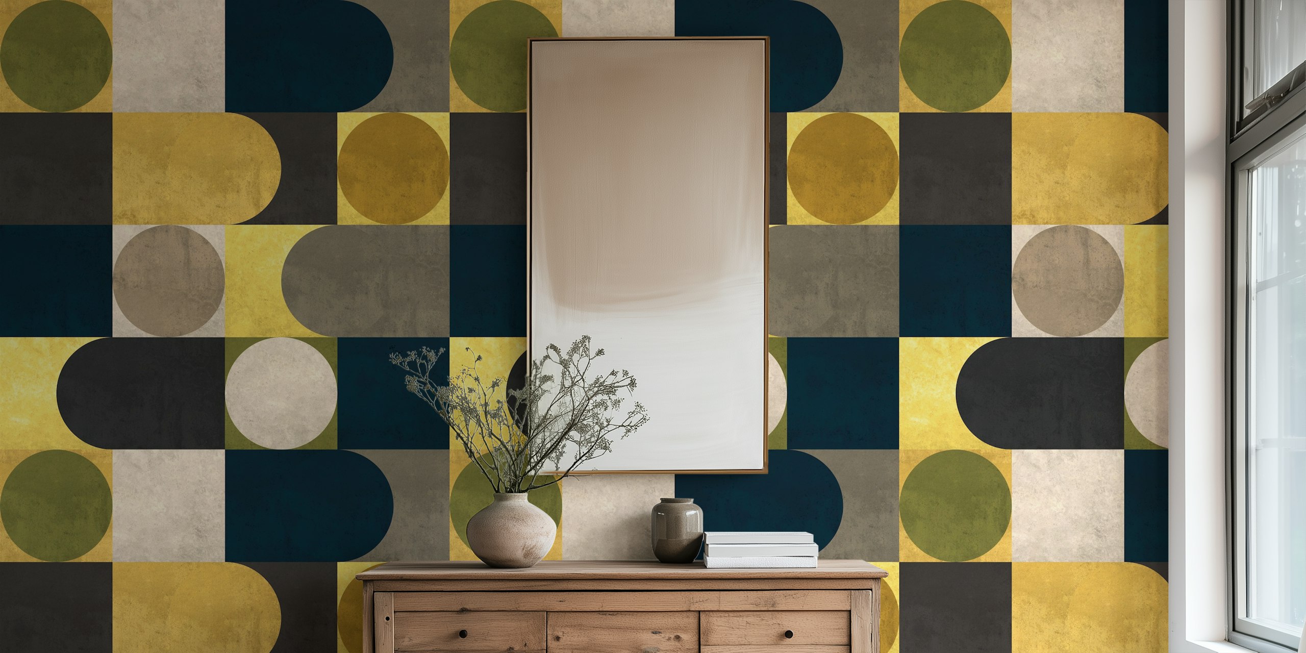 Geometric vintage wallpaper design in a room
