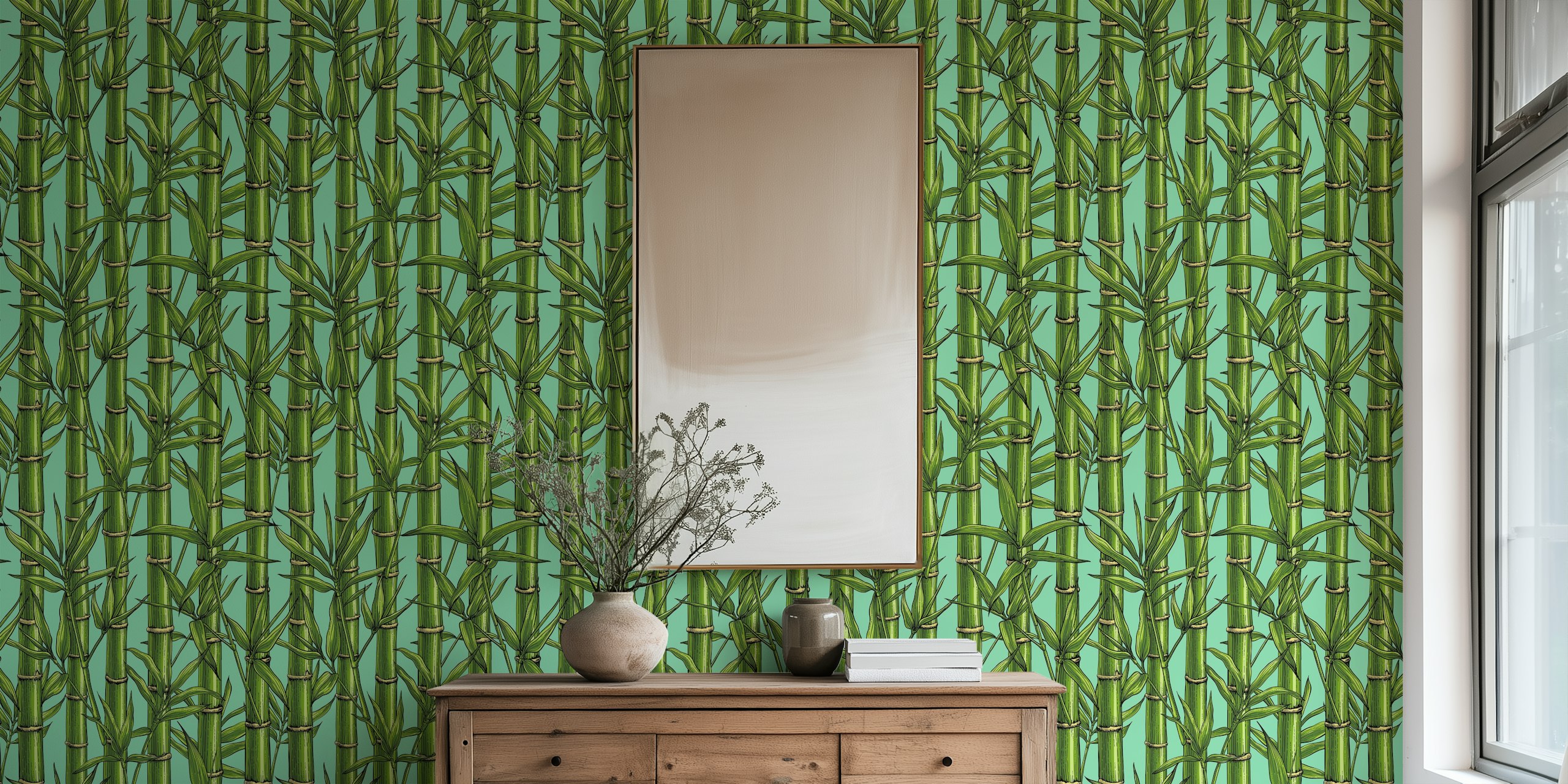 Zelene stabljike bambusa na pozadinskom zidnom muralu boje žada