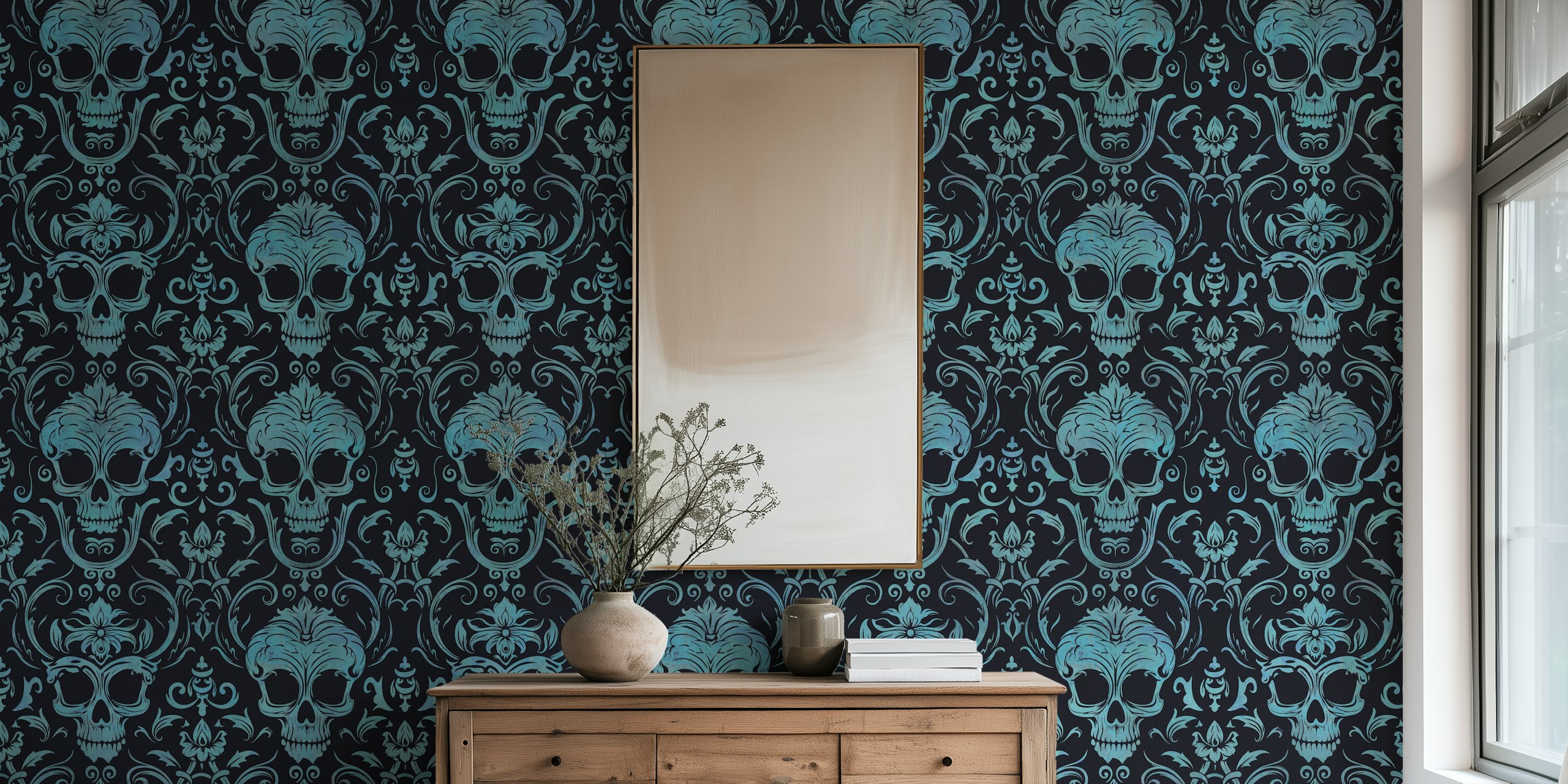 Mörk gotisk elegans skalle damastmönster kricka Svart väggmålning