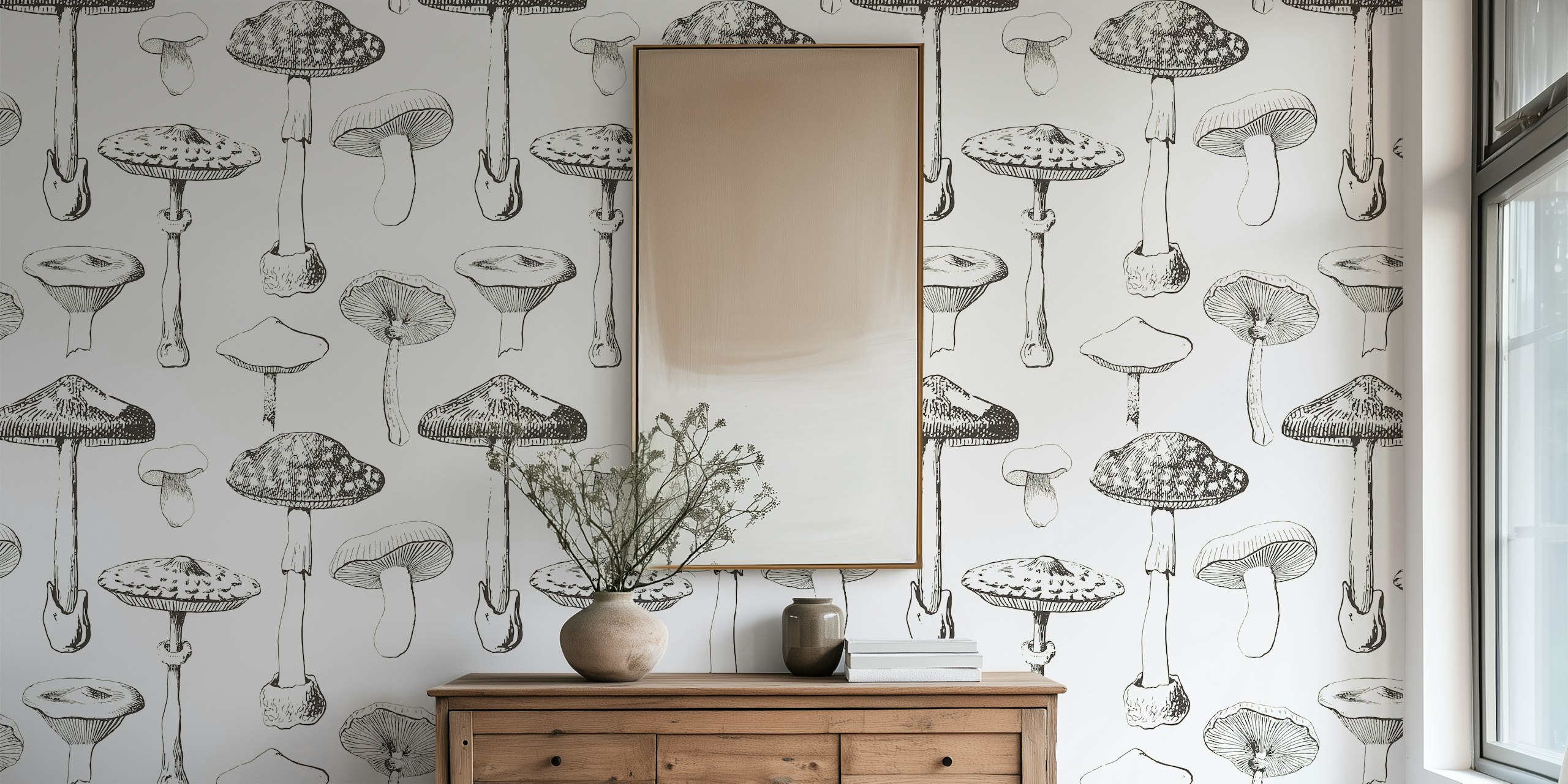 Black mushroom illustrations on a cream background wallpaper