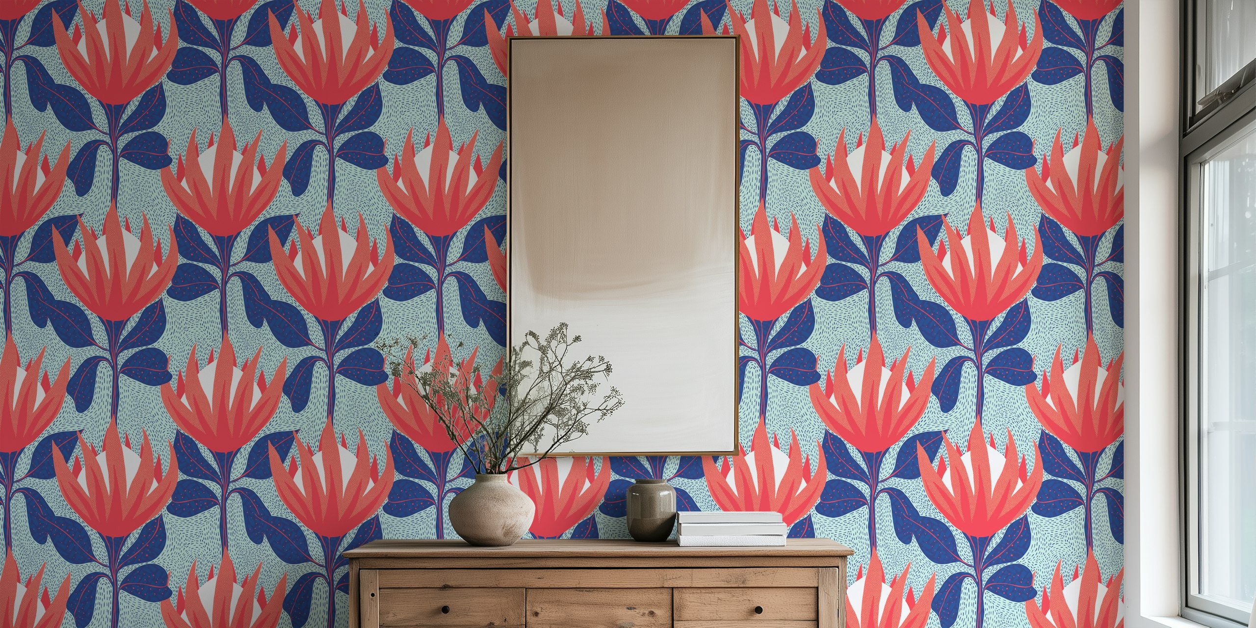 Rood en blauw bloemenpatroon wallpaper