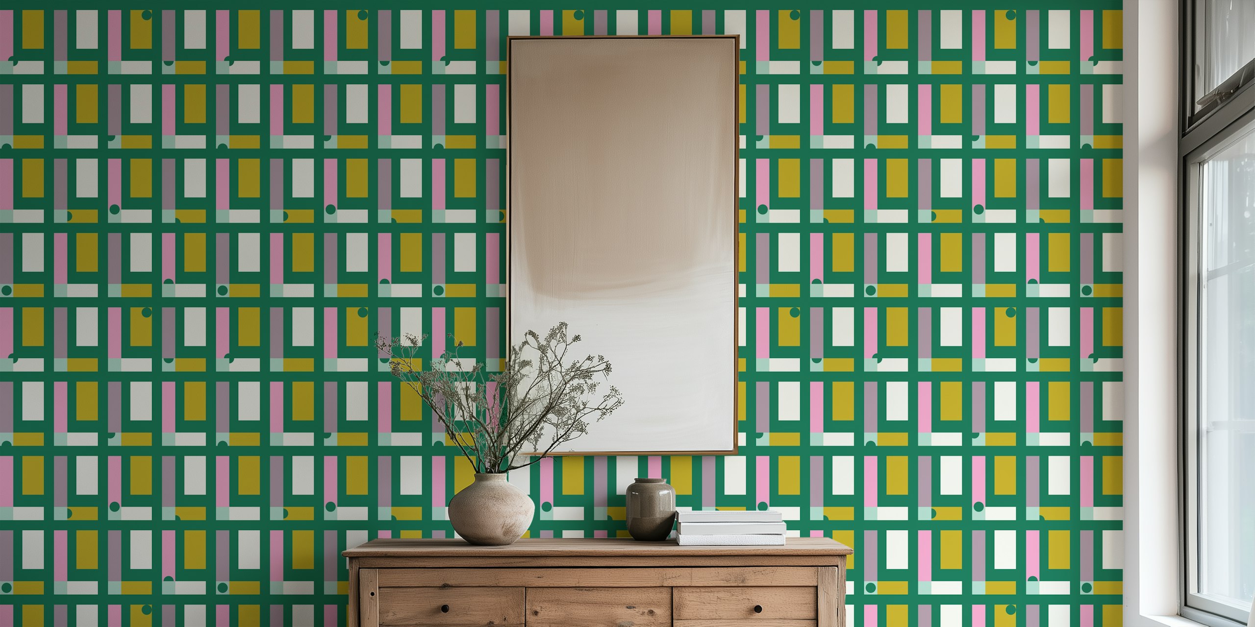 Happy retro checks tapetti huoneessa