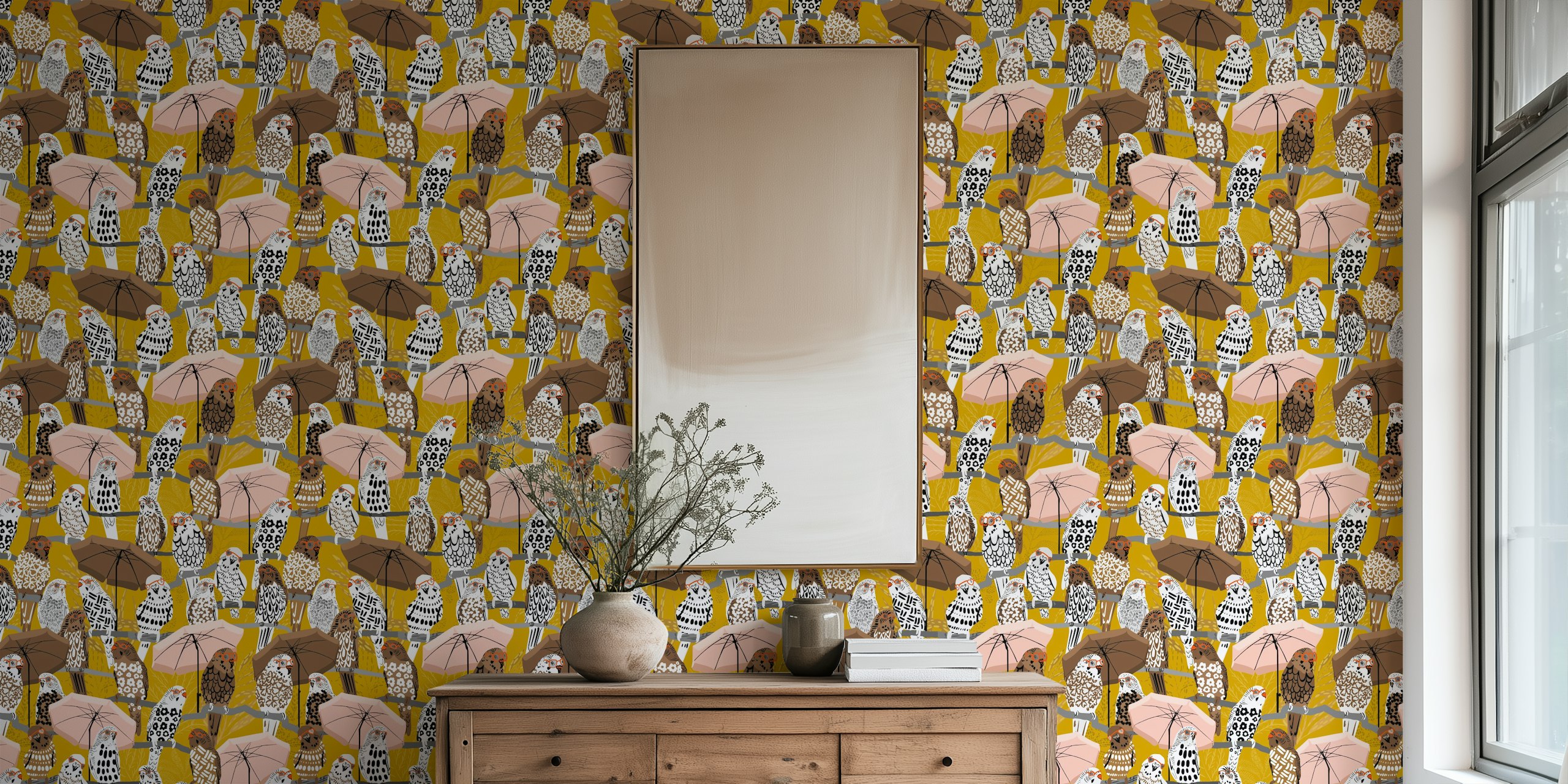 Colorful budgies with pink umbrellas on mustard yellow wallpaper