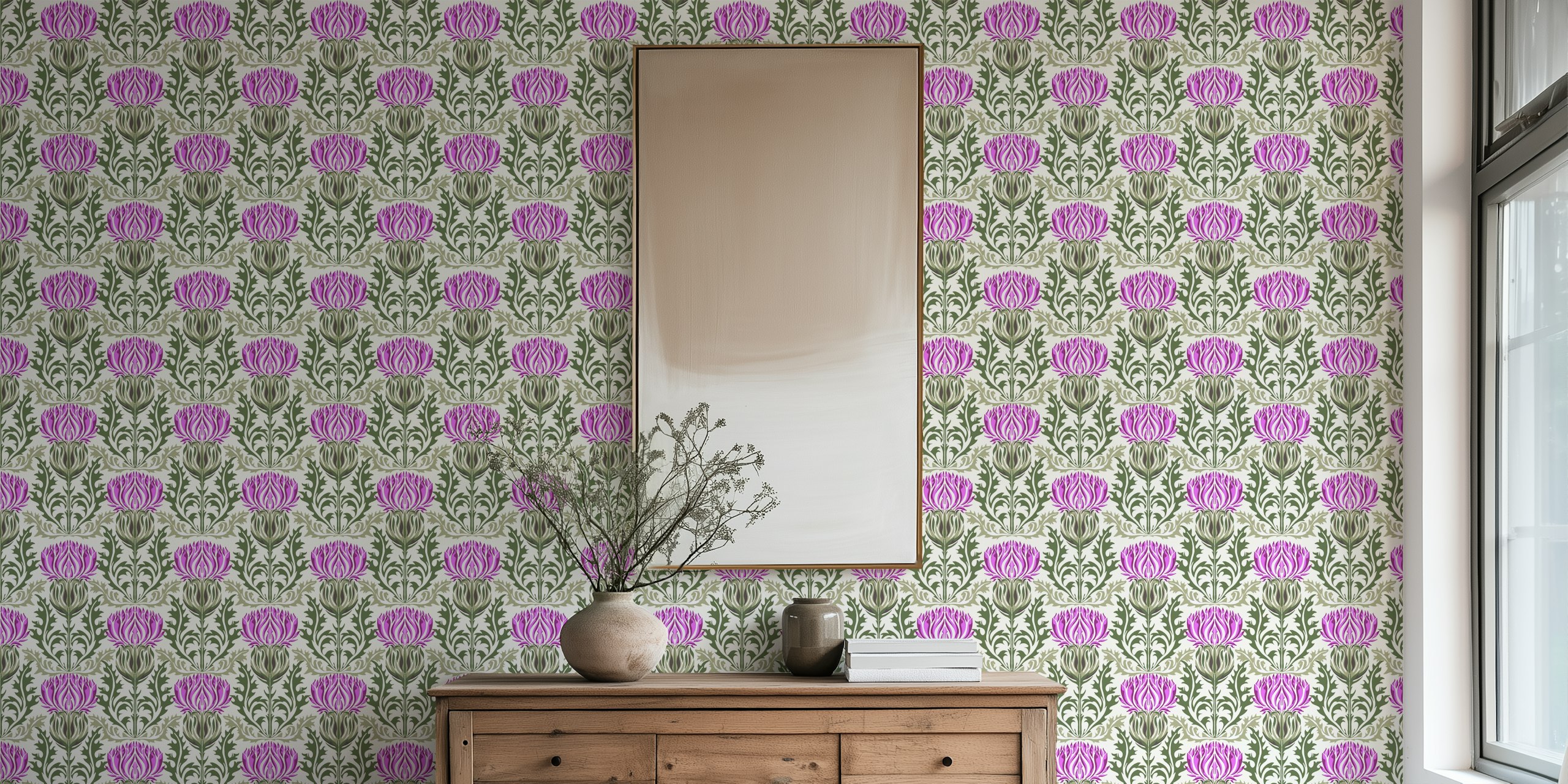 Elegant thistle pattern wallpaper with green leaves and mauve flowers for wall murals.