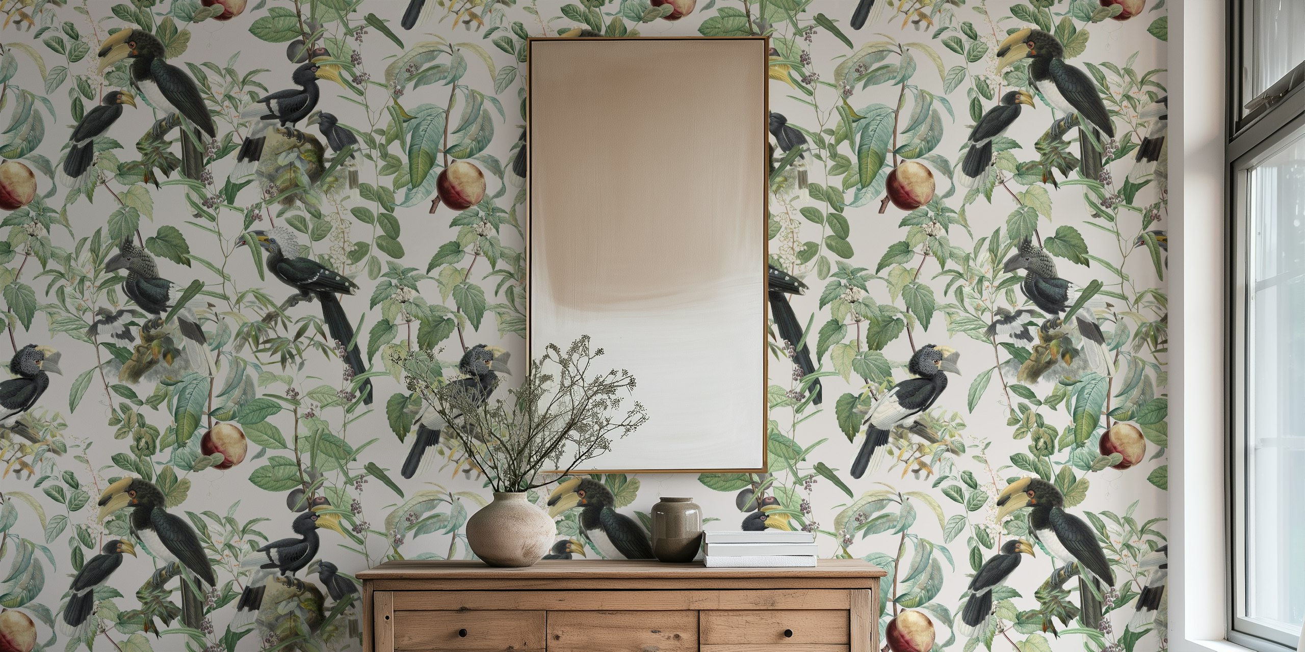 Colorful birds and leaves on a light background wallpaper