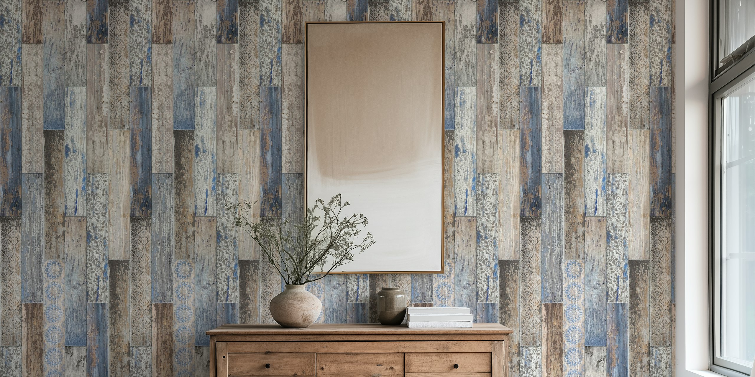 Vintage wood tiles pattern in blue and gray tones wallpaper