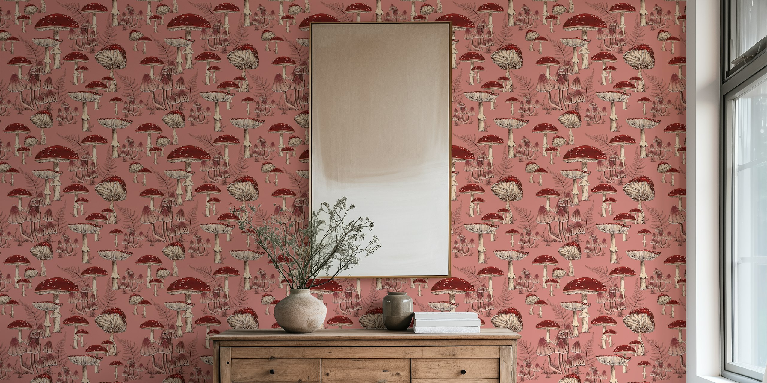 Red mushrooms with beige details and ferns wallpaper