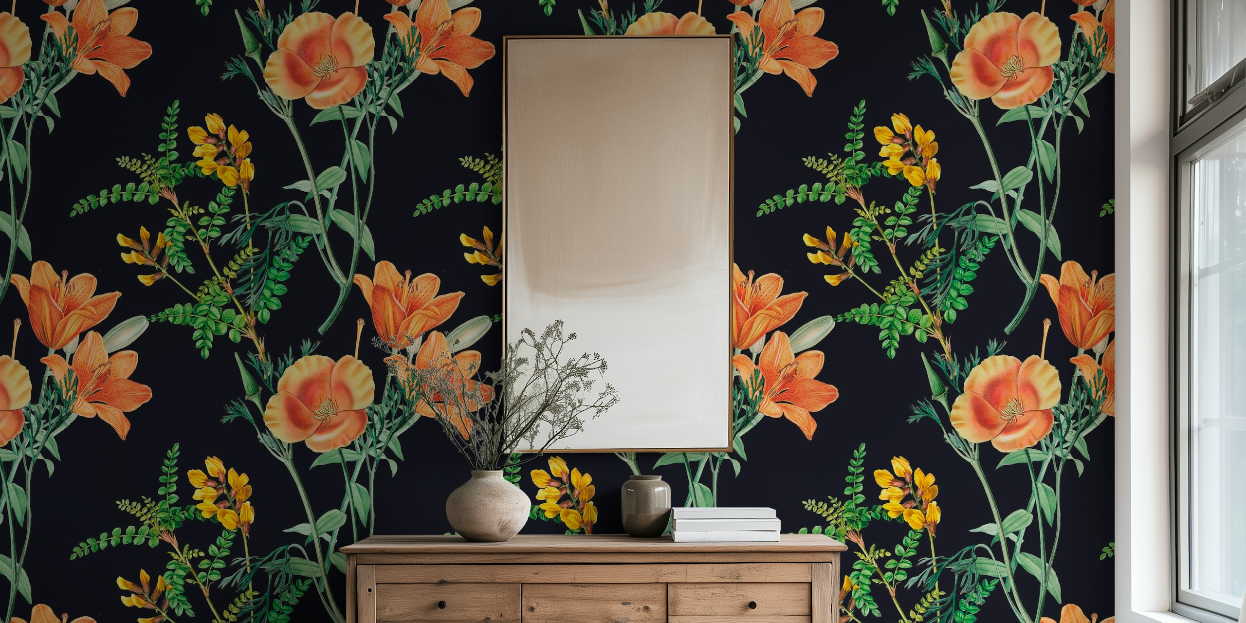 Orange floral pattern on black background wallpaper