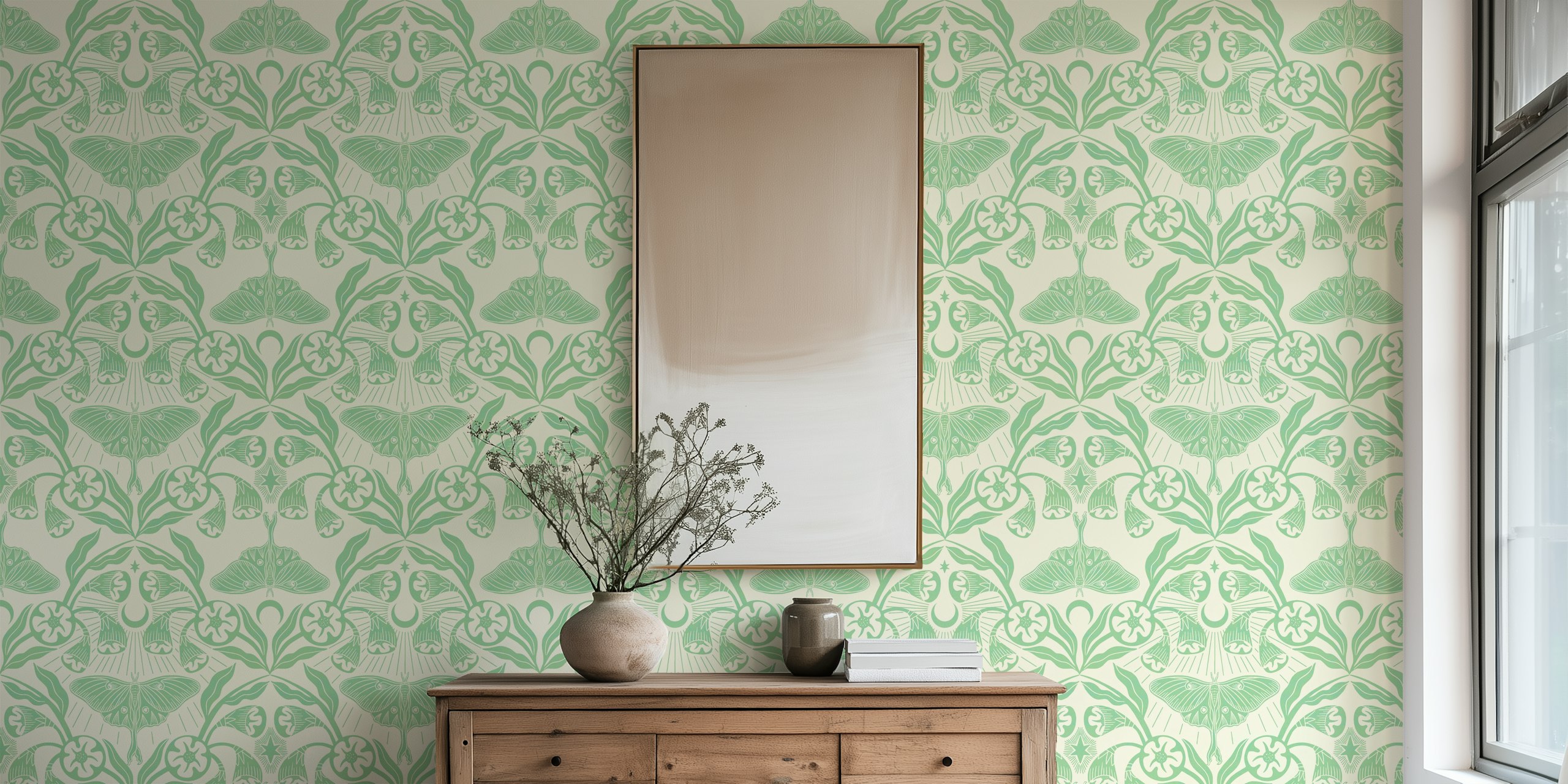 Luna moth and moonflowers in green floral wallpaper