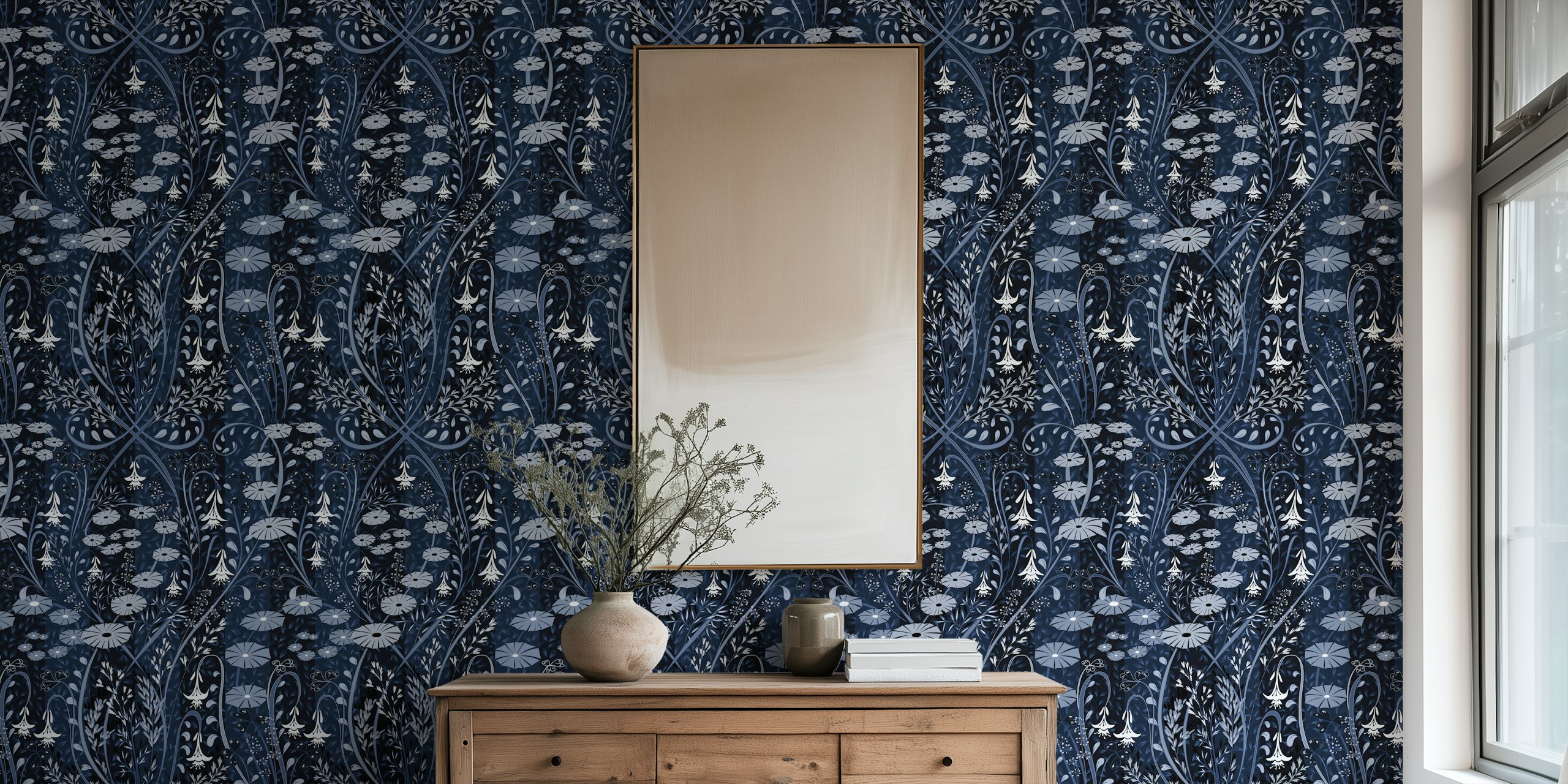 Floral patterns with white flowers and vines on midnight blue wallpaper