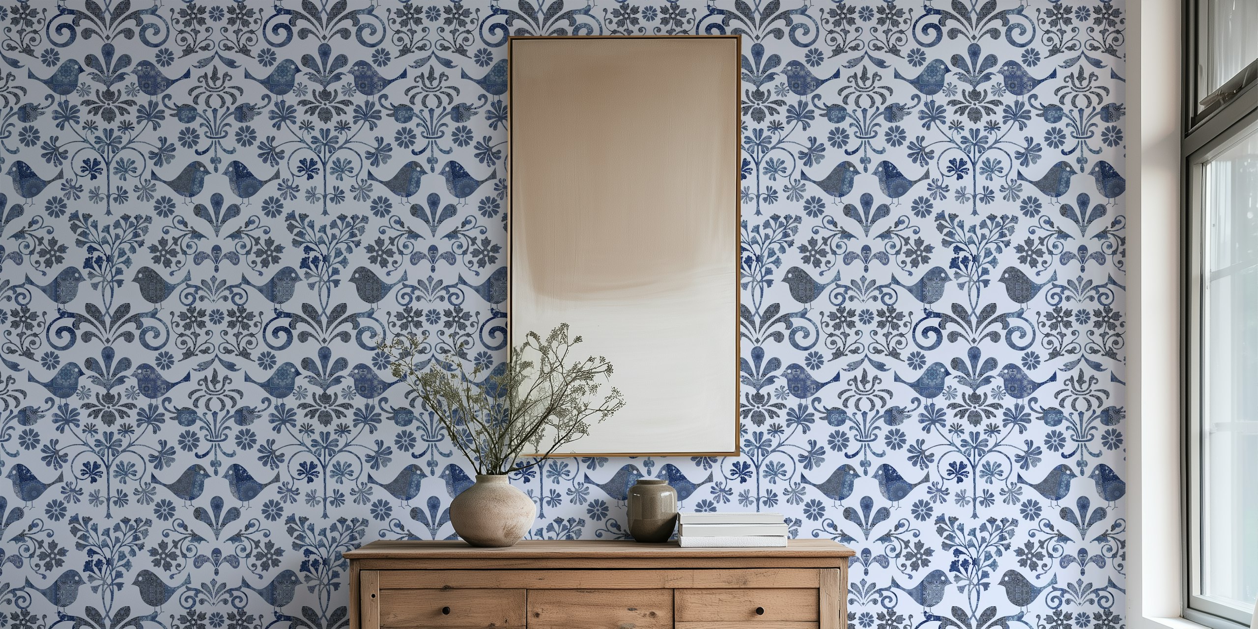 Scandinavian-style wall mural with birds and floral patterns in blue hues