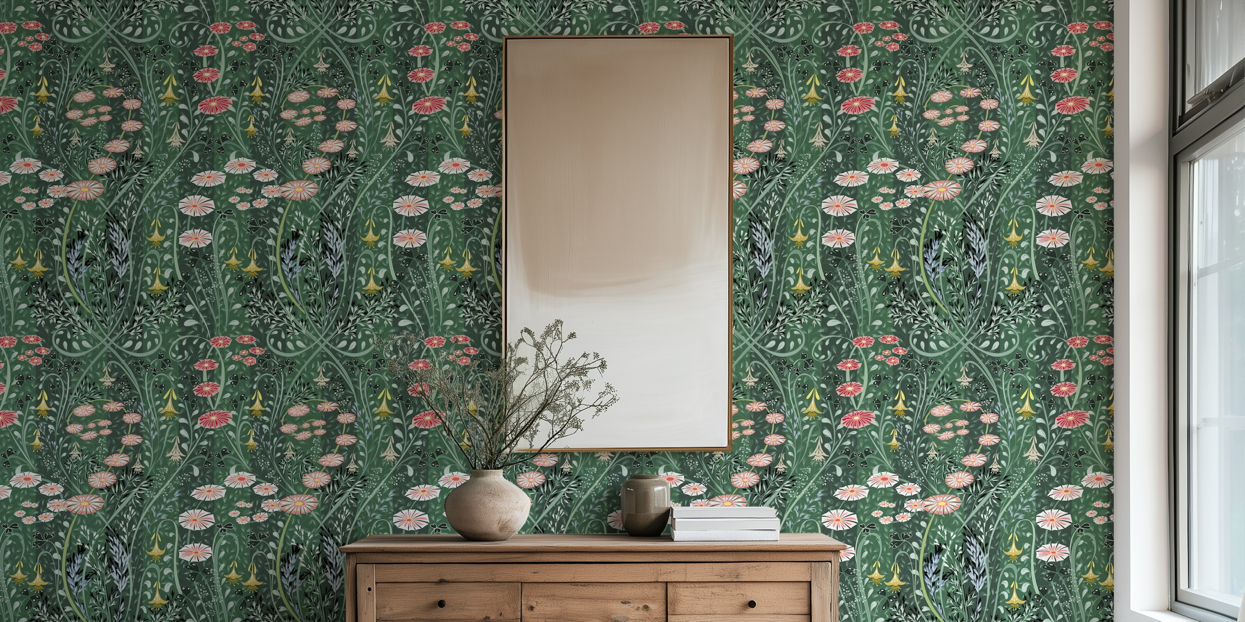 Floral patterned wall mural with a lush green background and colorful meadow flowers