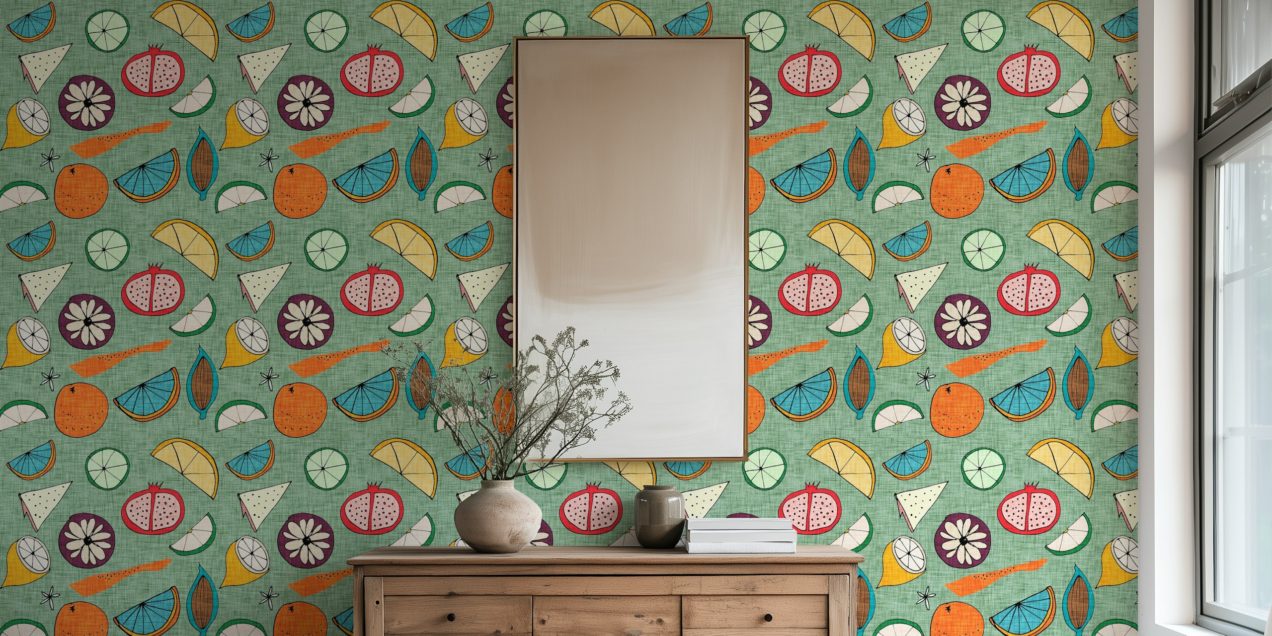 Colorful fruit designs on a green background wallpaper