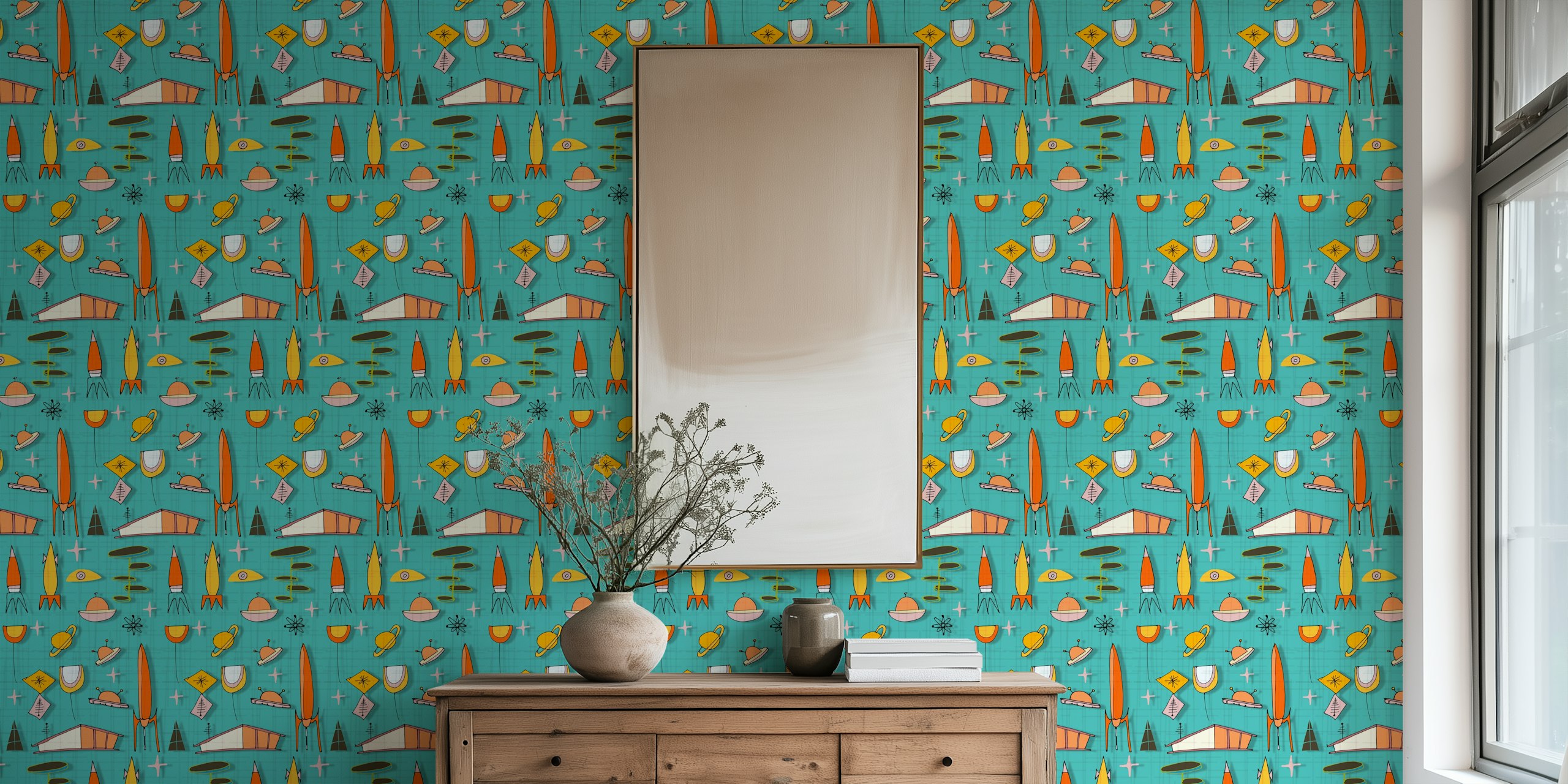 Space Age Traveling Blue wall mural with rockets and planets on blue grid background