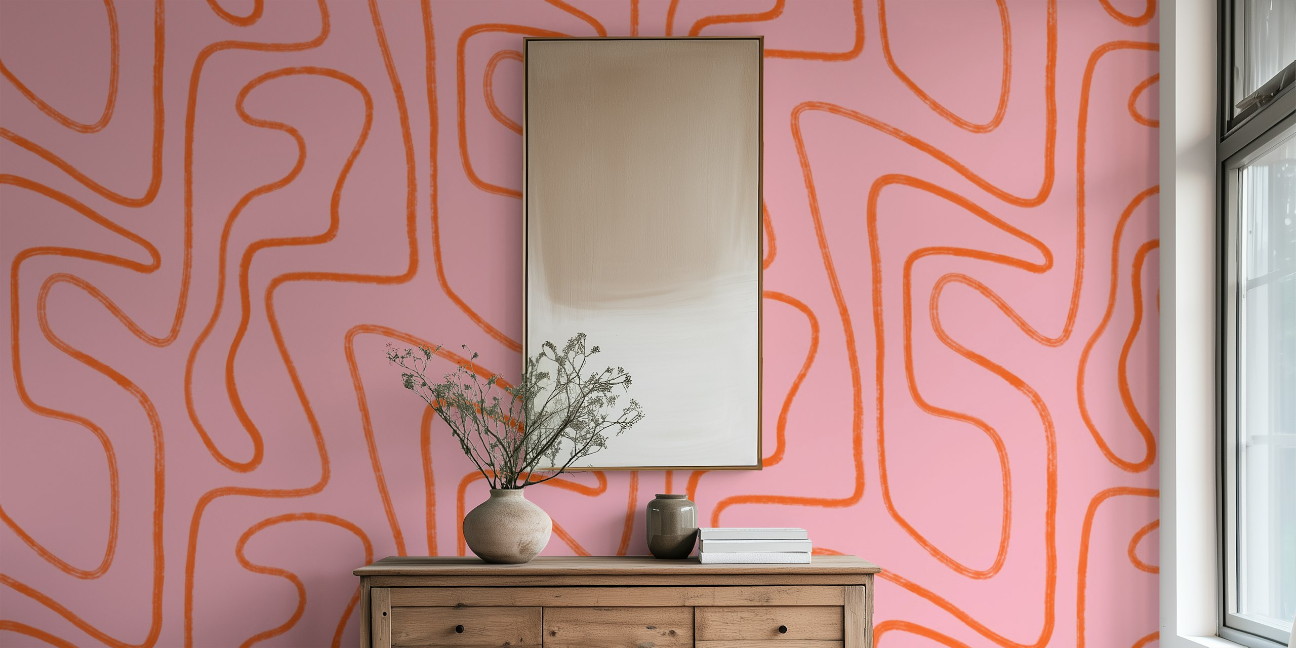 Abstract Modern Lines papel pintado en rosa y naranja