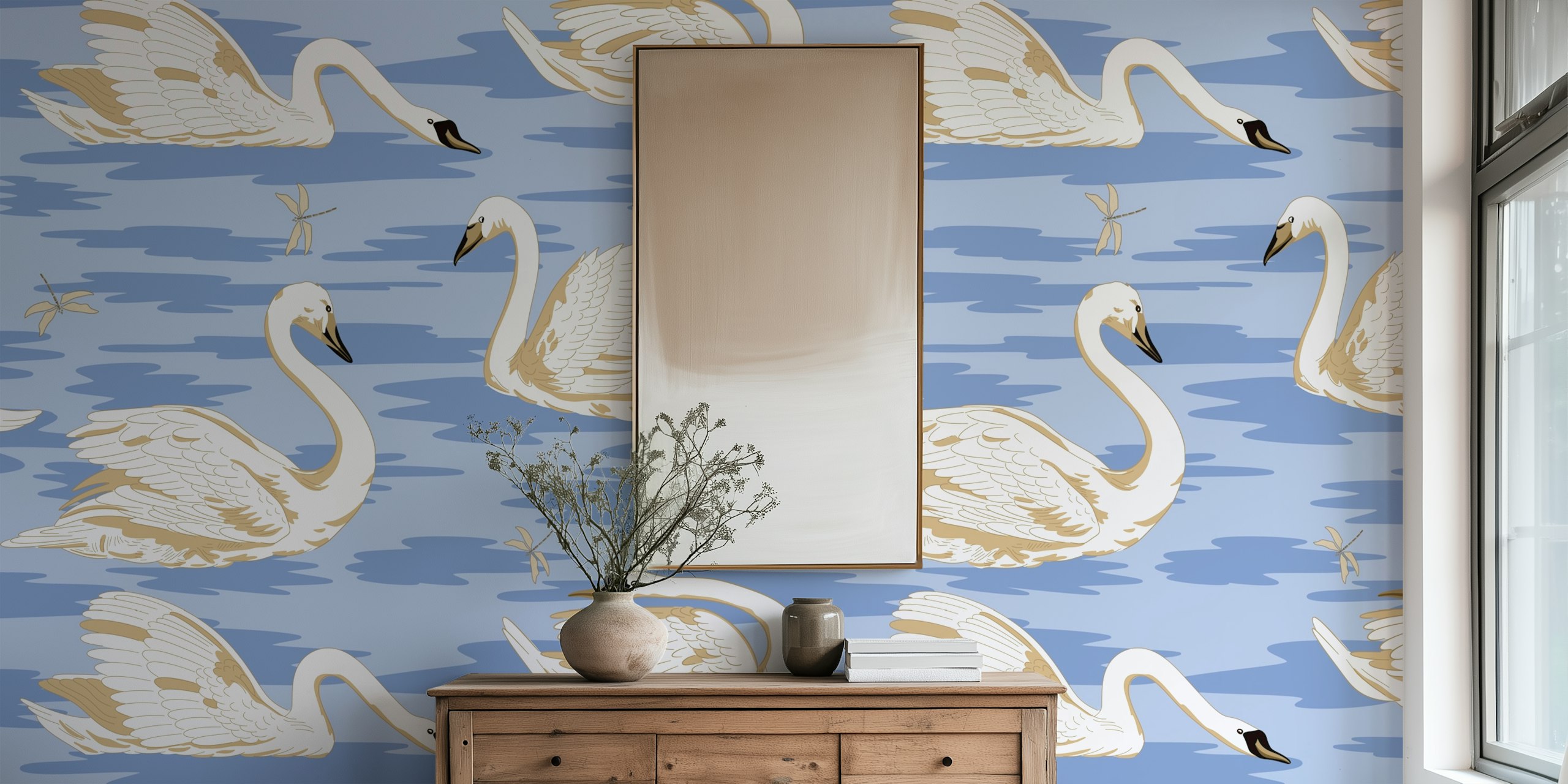 White swans wallpaper in a room