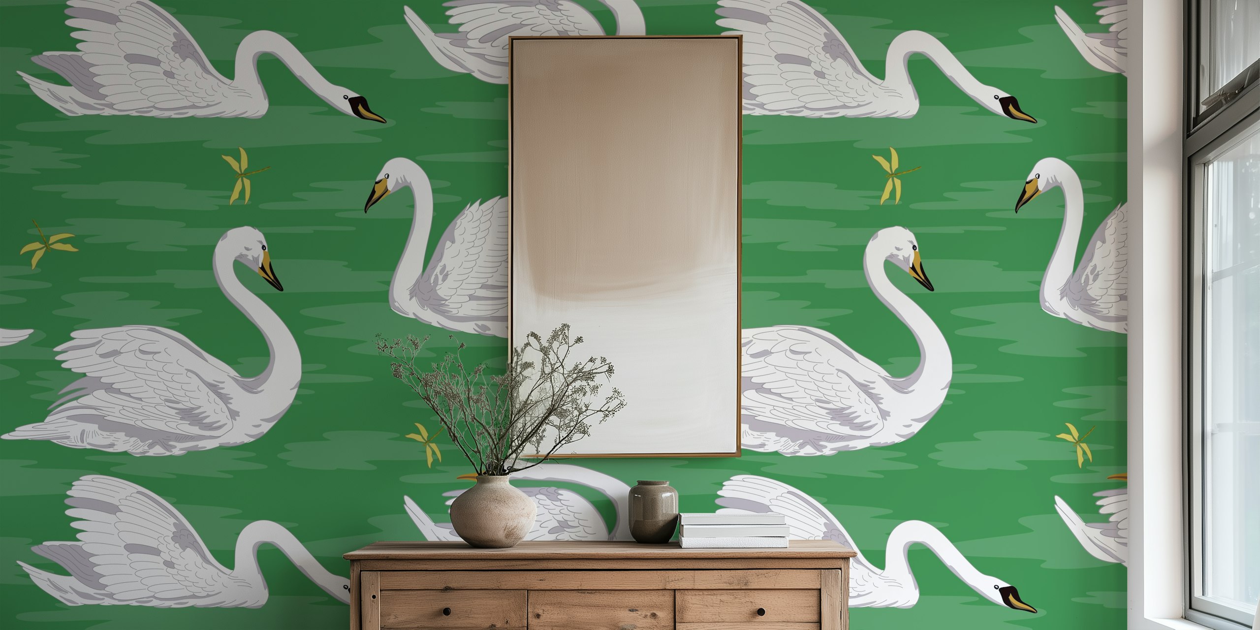 White swans wallpaper displayed in a room