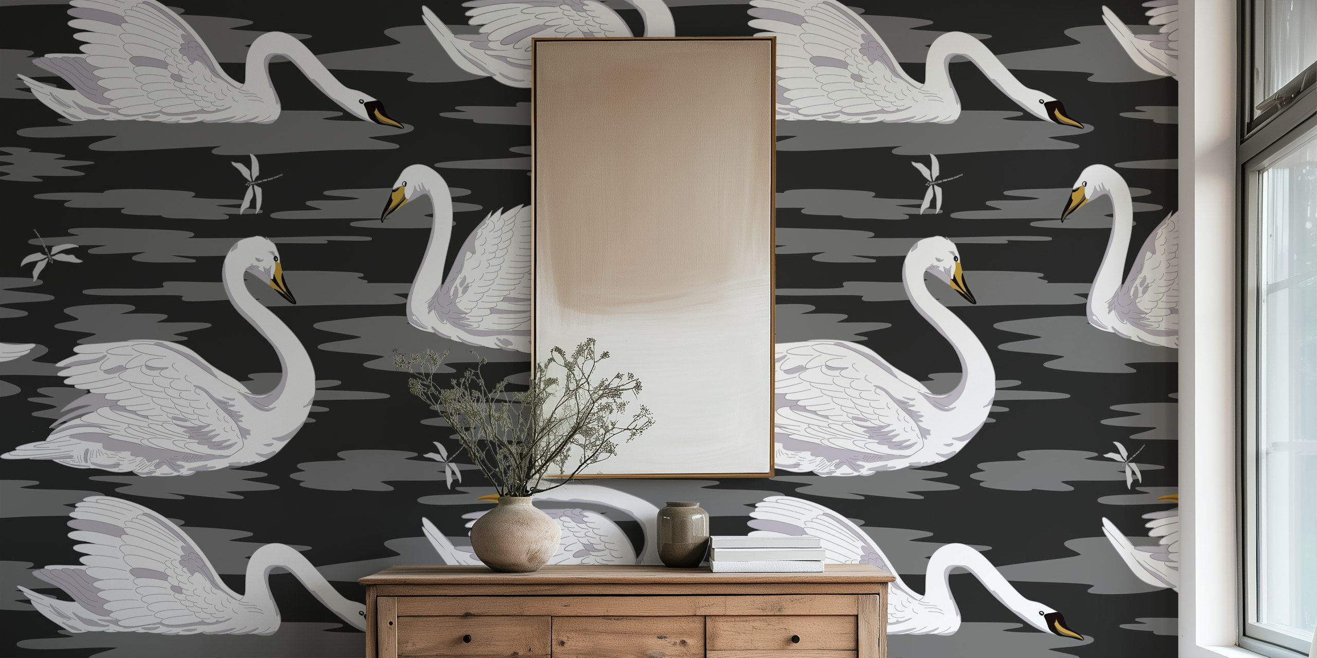 Conception de papier peint White Swans 9 dans une pièce