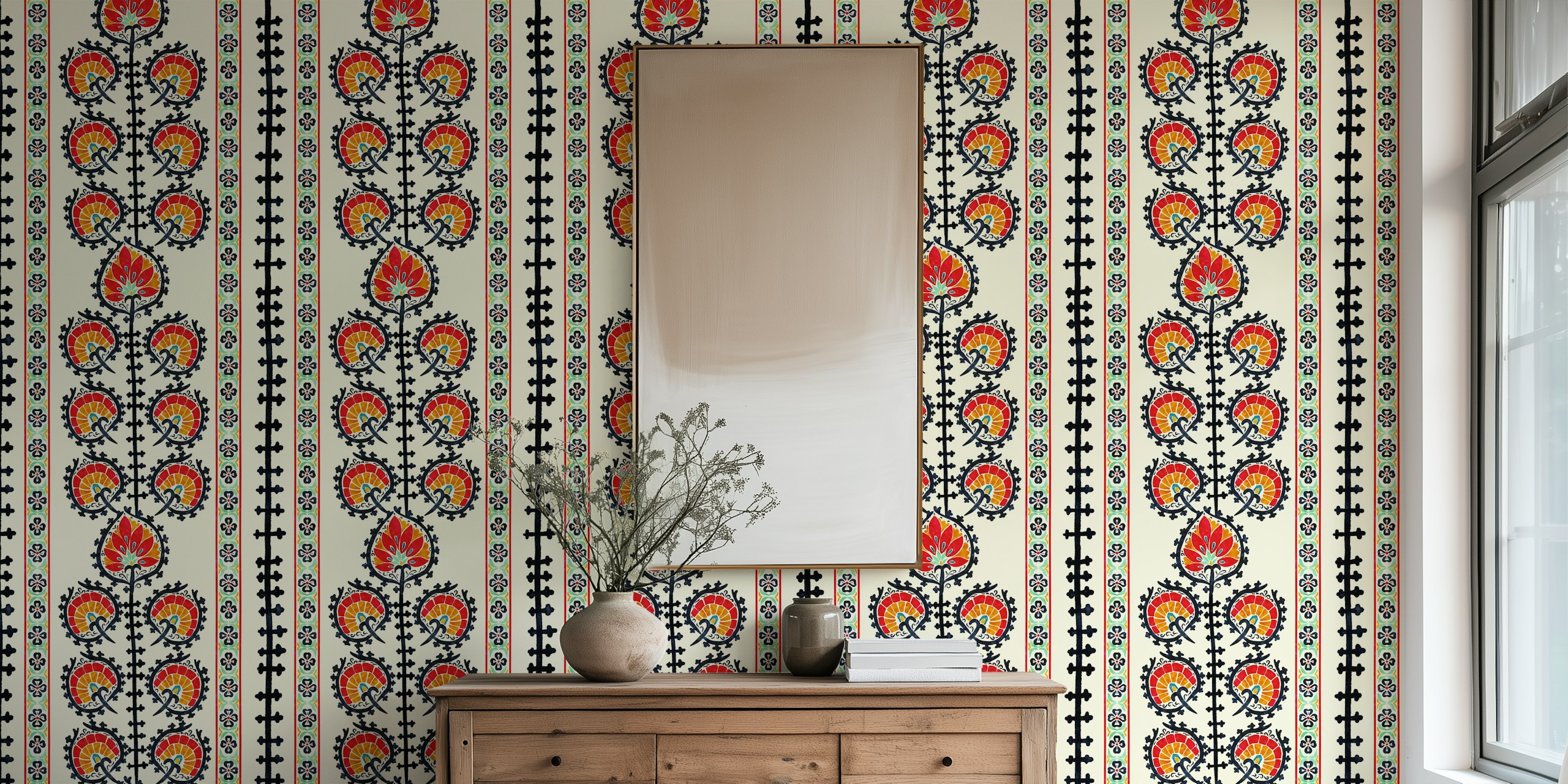 Kleurrijk peacockdesign op beige achtergrond, bloemen en spiralen, behang