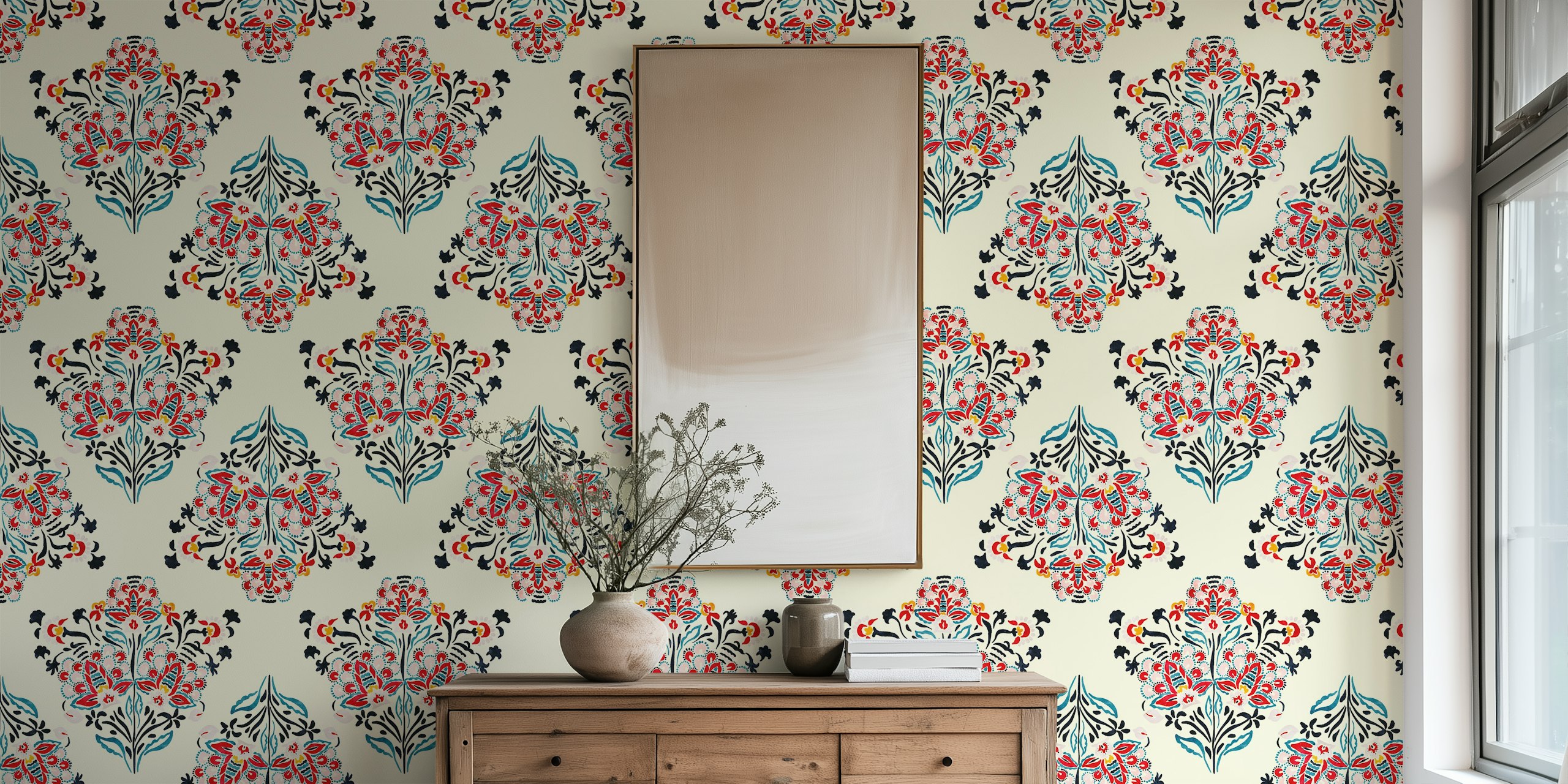 Persian Bloom Suzani wall mural featuring traditional floral patterns and vibrant colors