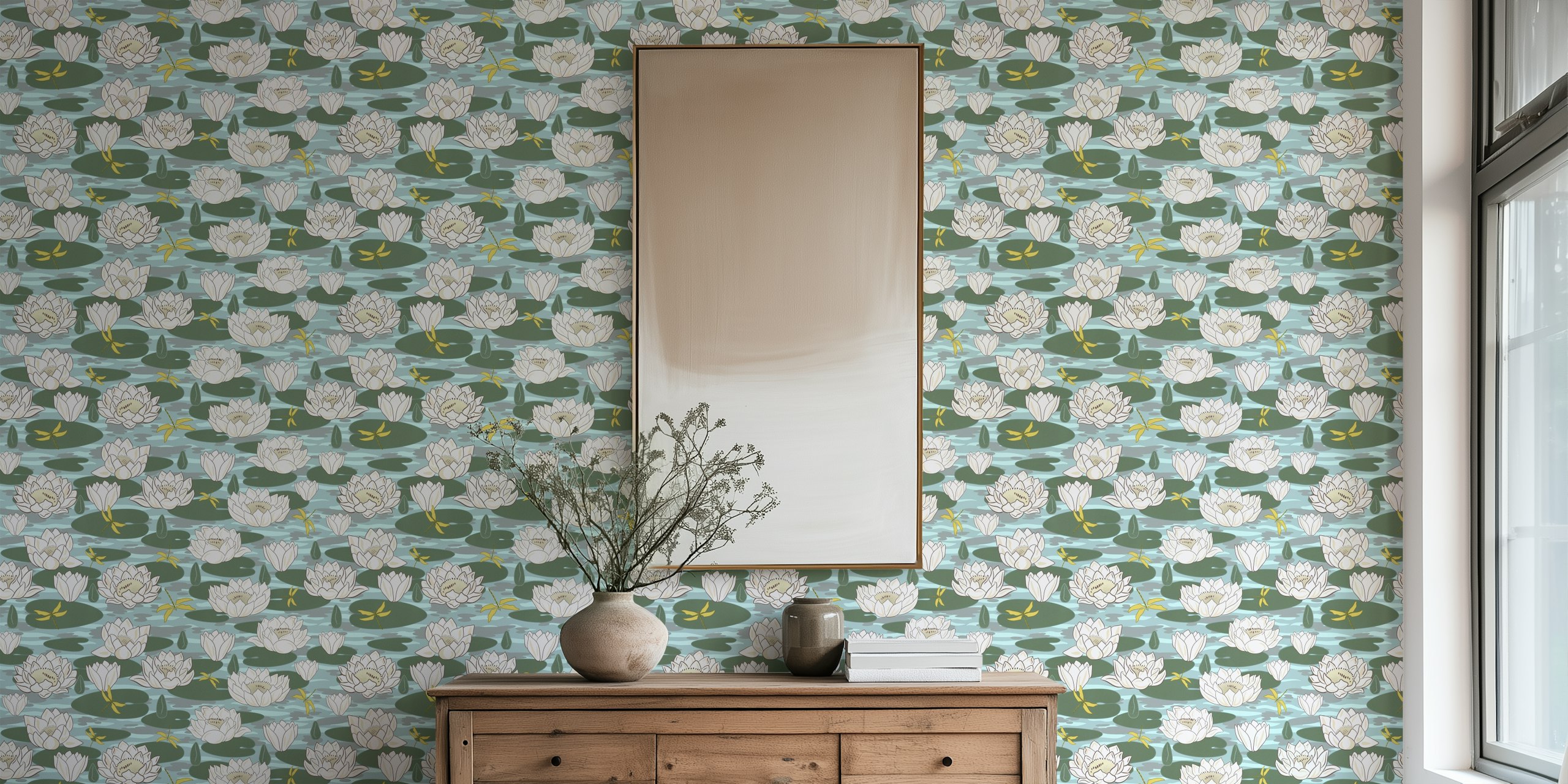 White water lilies on green and blue water background wallpaper
