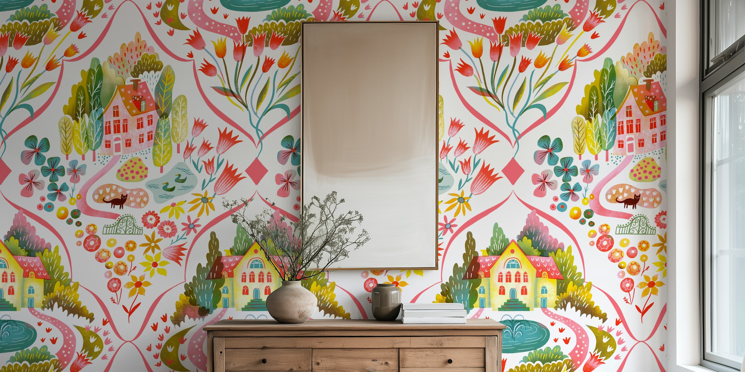 Blooming garden houses wallpaper in a room