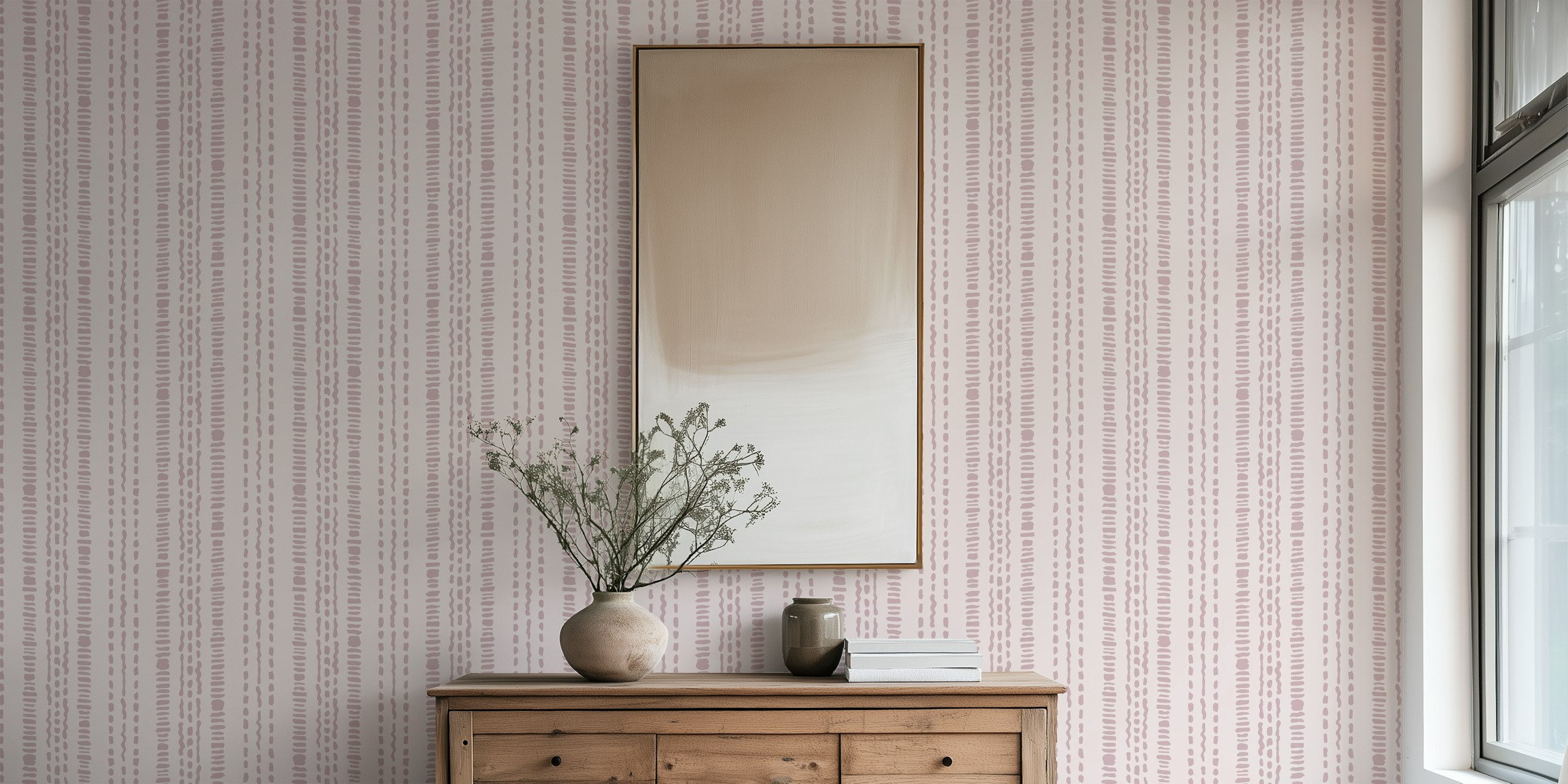 Vertical striped pale rose and mauve boho wallpaper