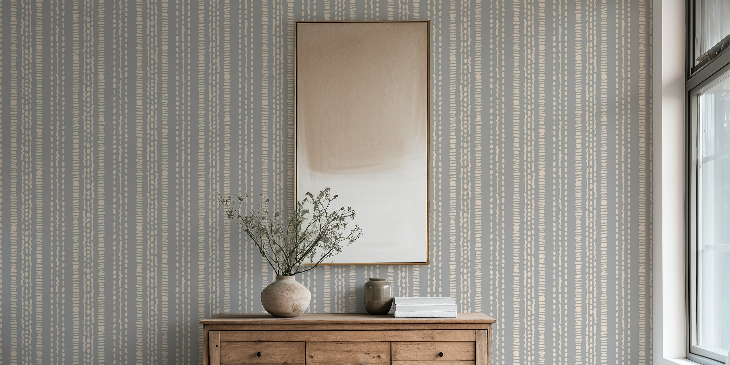 Boho stripe neutral grey beige tapet i ett rum