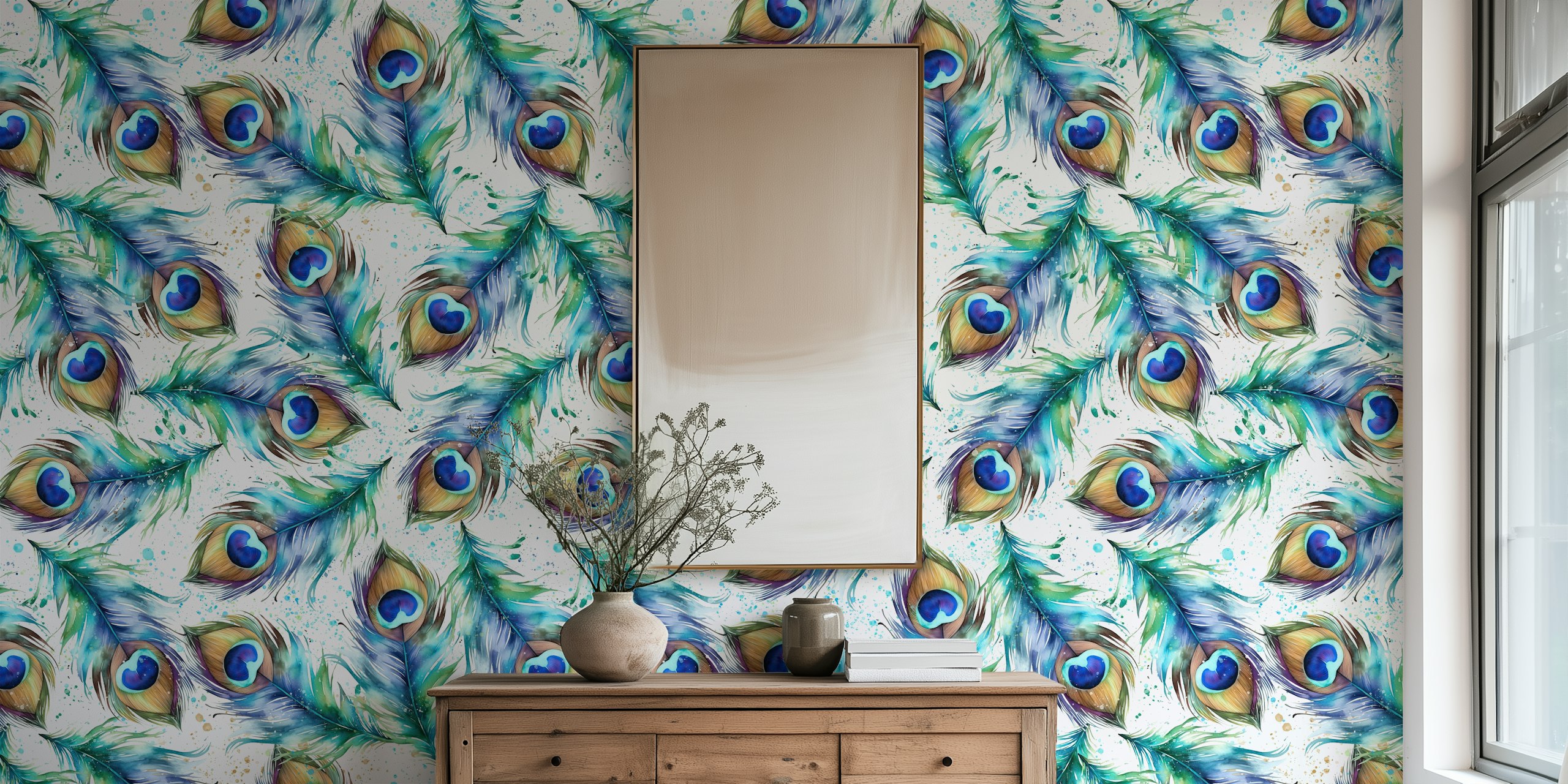 Watercolors Peacock Feathers tapet i ett rum