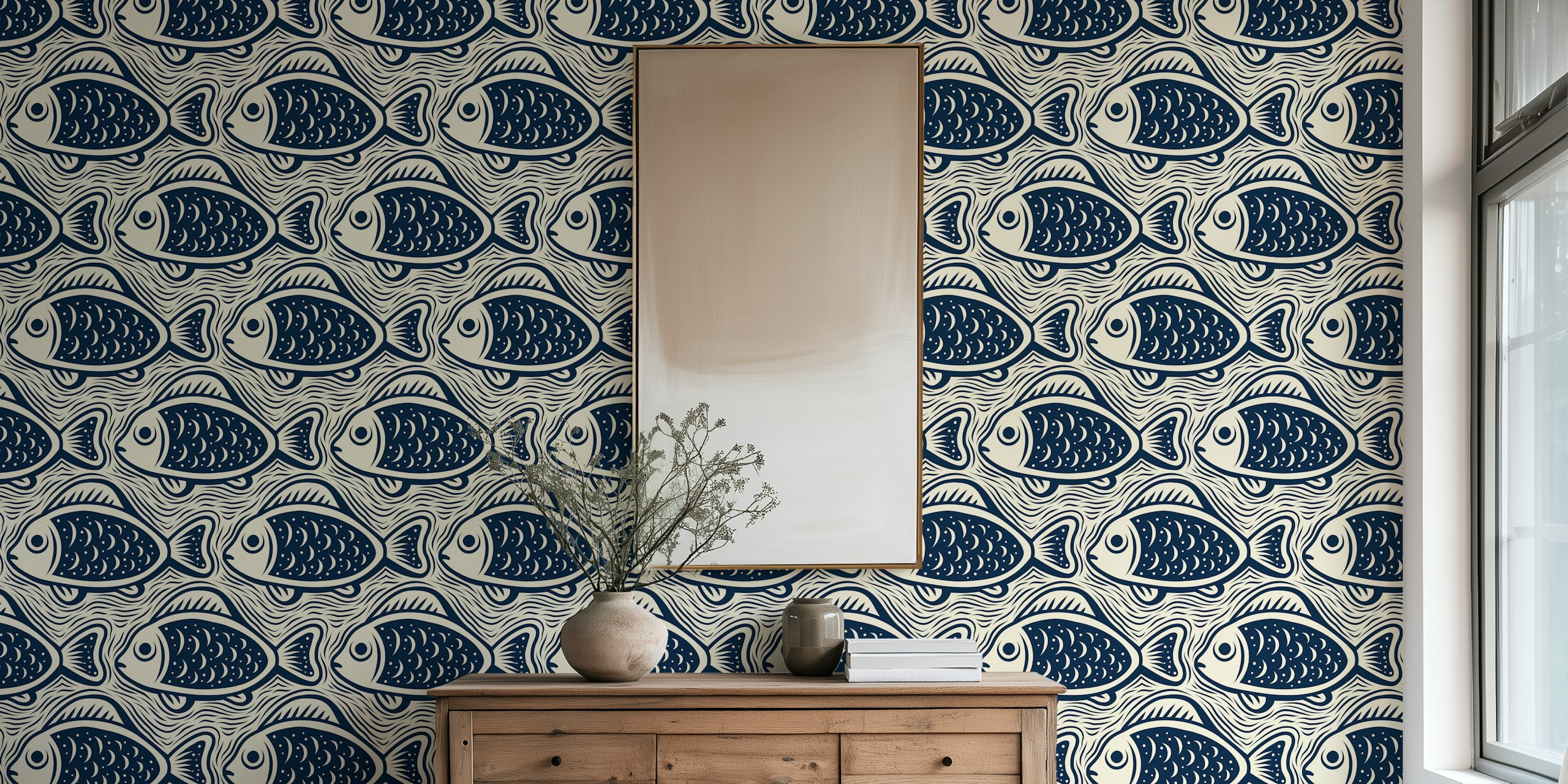 Ταπετσαρία navy fish pattern σε ένα δωμάτιο