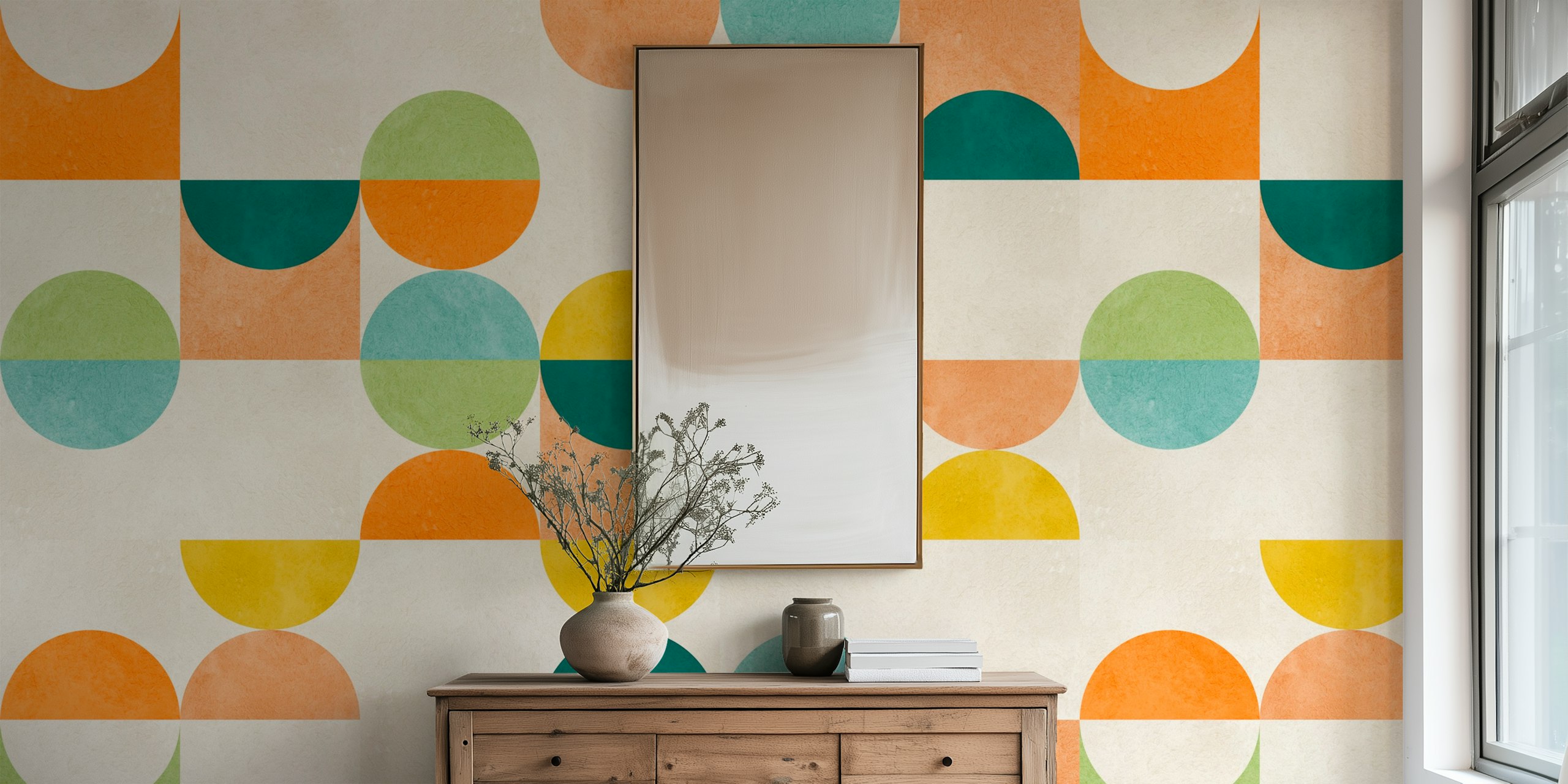 Colorful geometric circles in orange, teal, and green wallpaper
