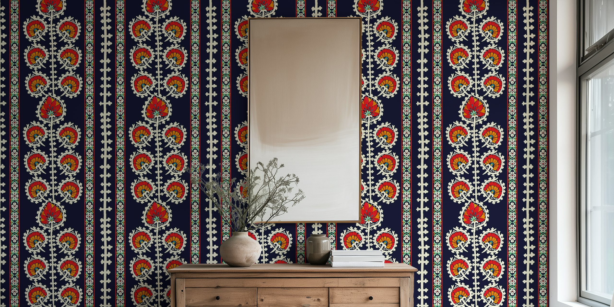 Vibrant Suzani-style peacock tail wall mural on a dark background