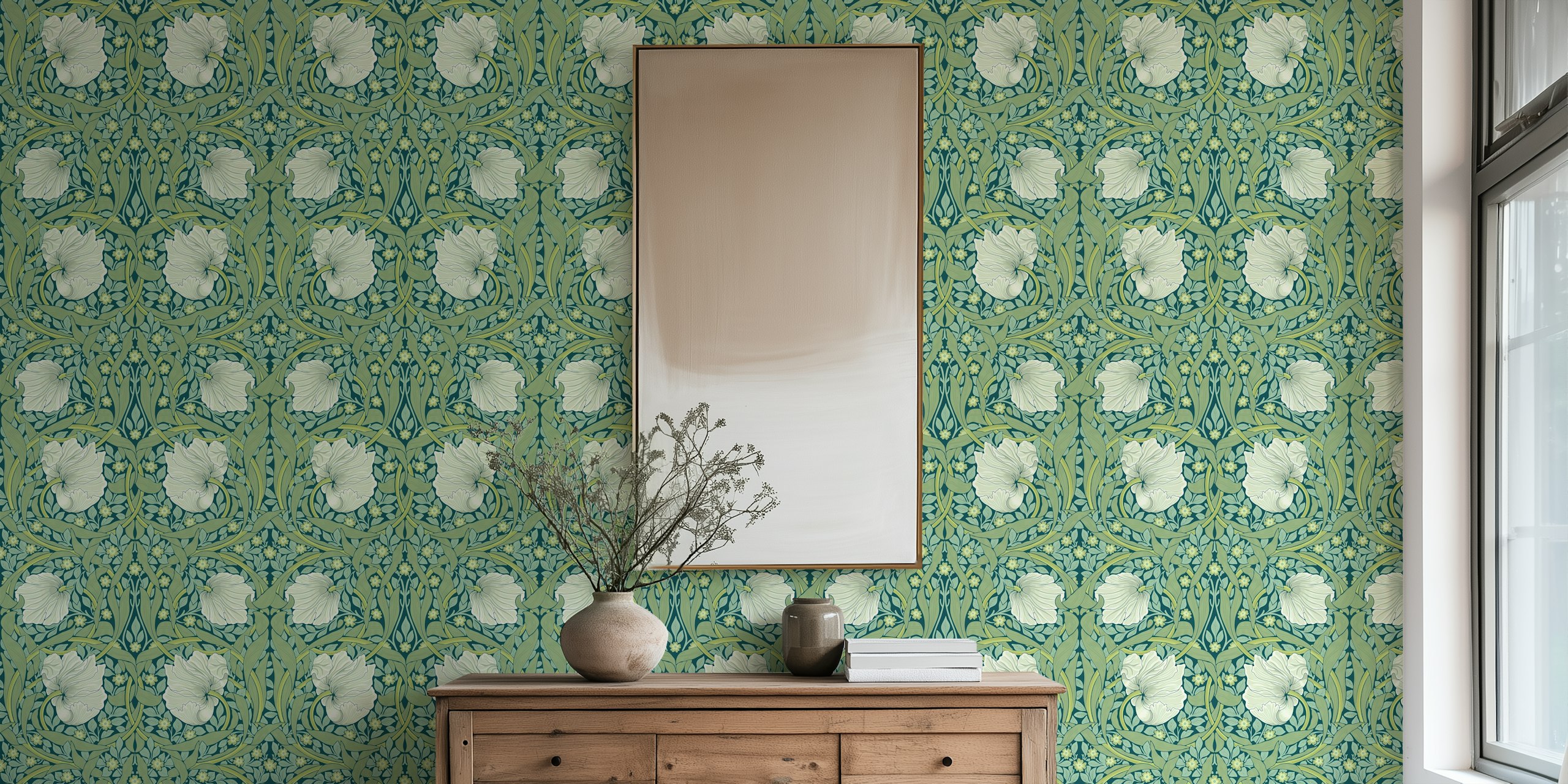 Floral wallpaper featuring white flowers and green leaves on teal background in Victorian style.