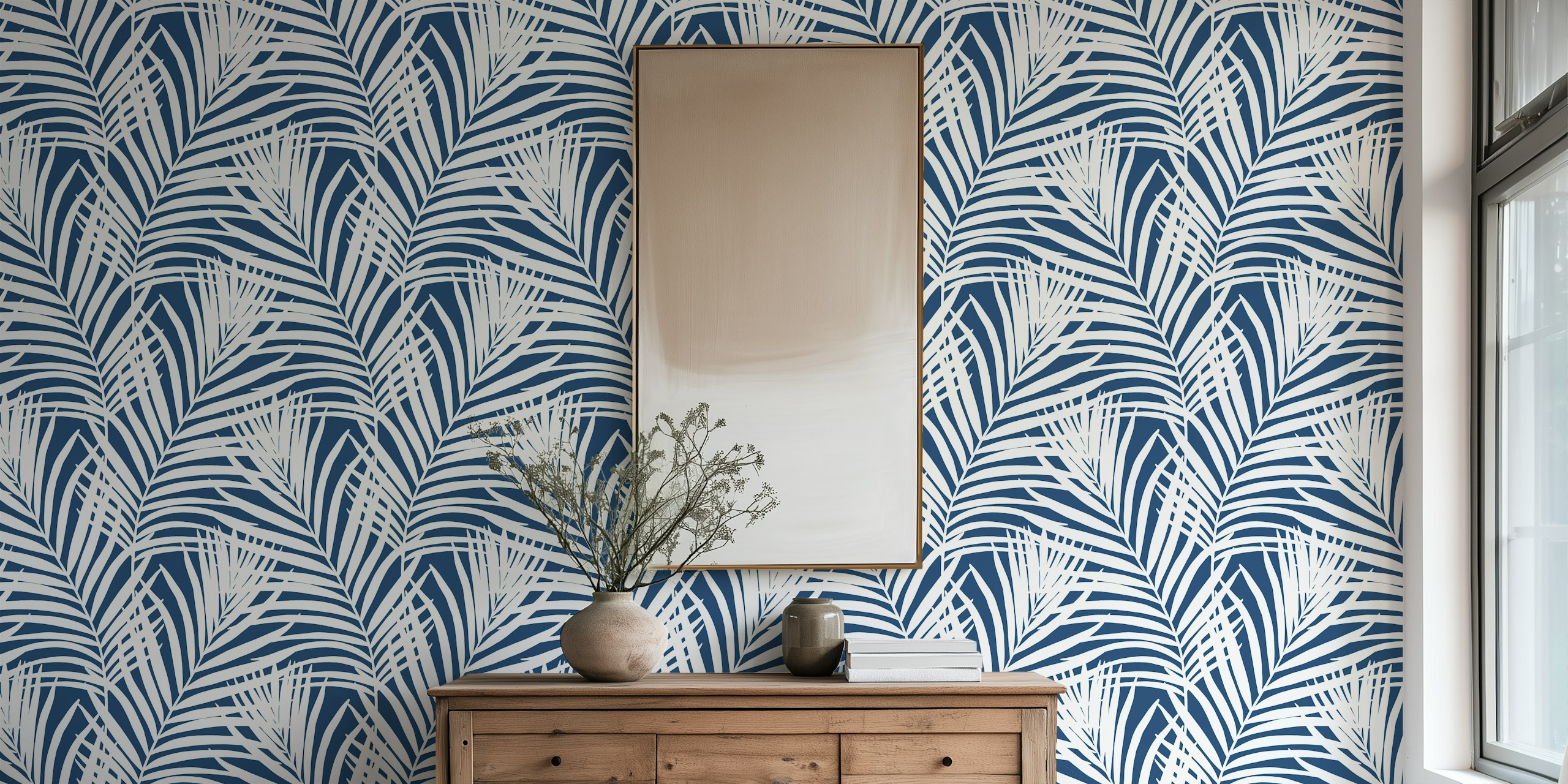 Navy blue and white palm leaves wallpaper