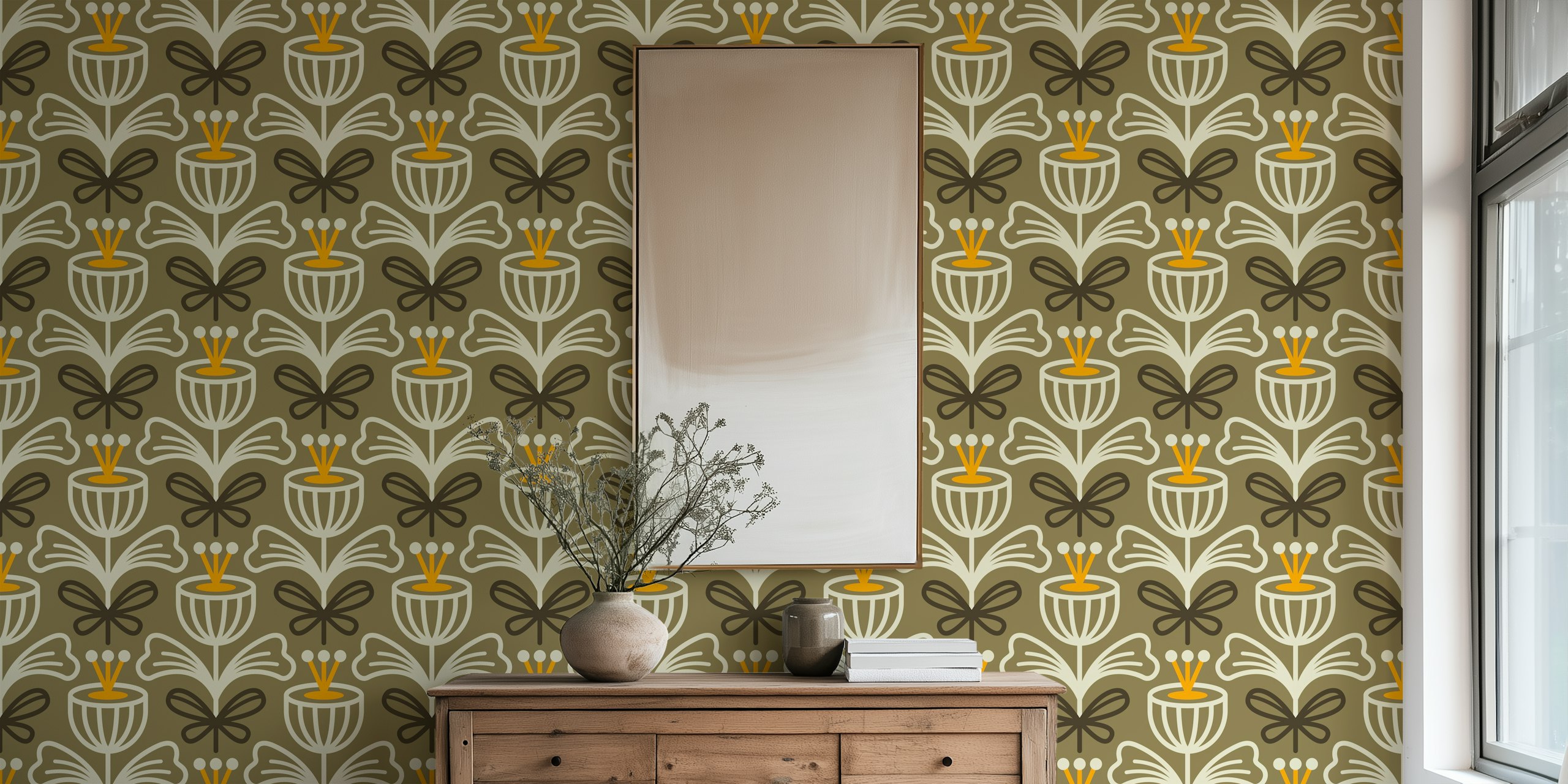 Line art floral pattern with brown, yellow, and cream colors wallpaper