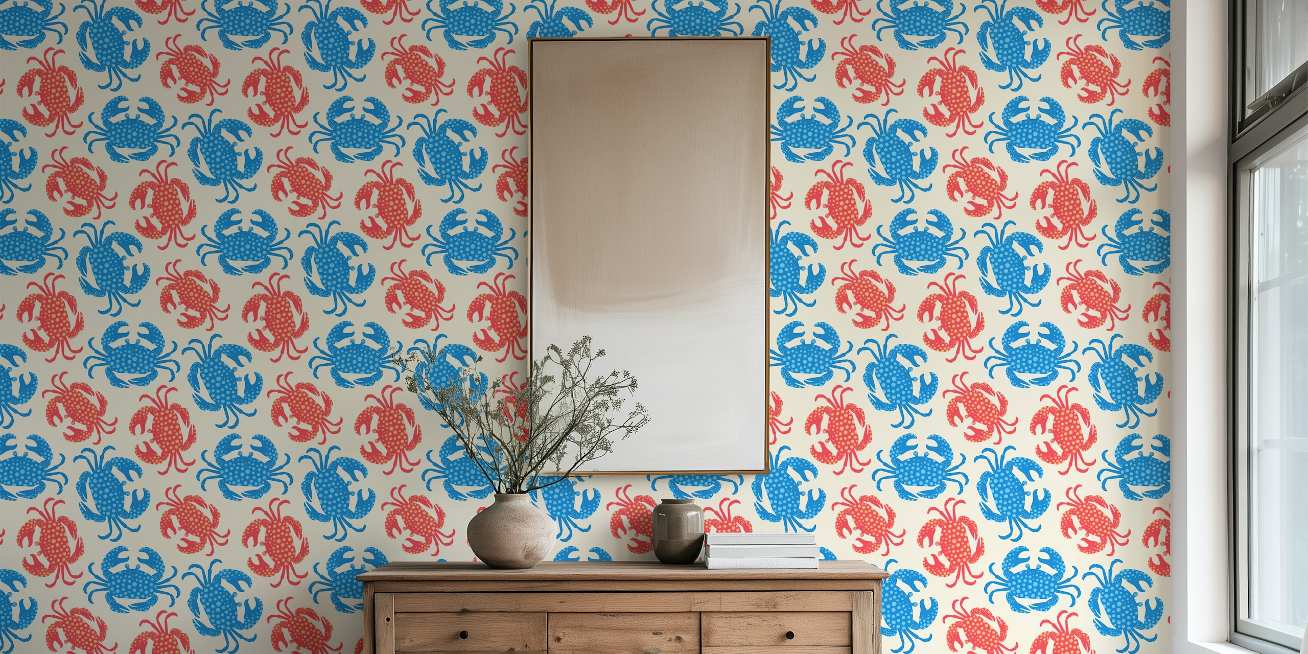 Colorful blue and red crabs on cream background wallpaper