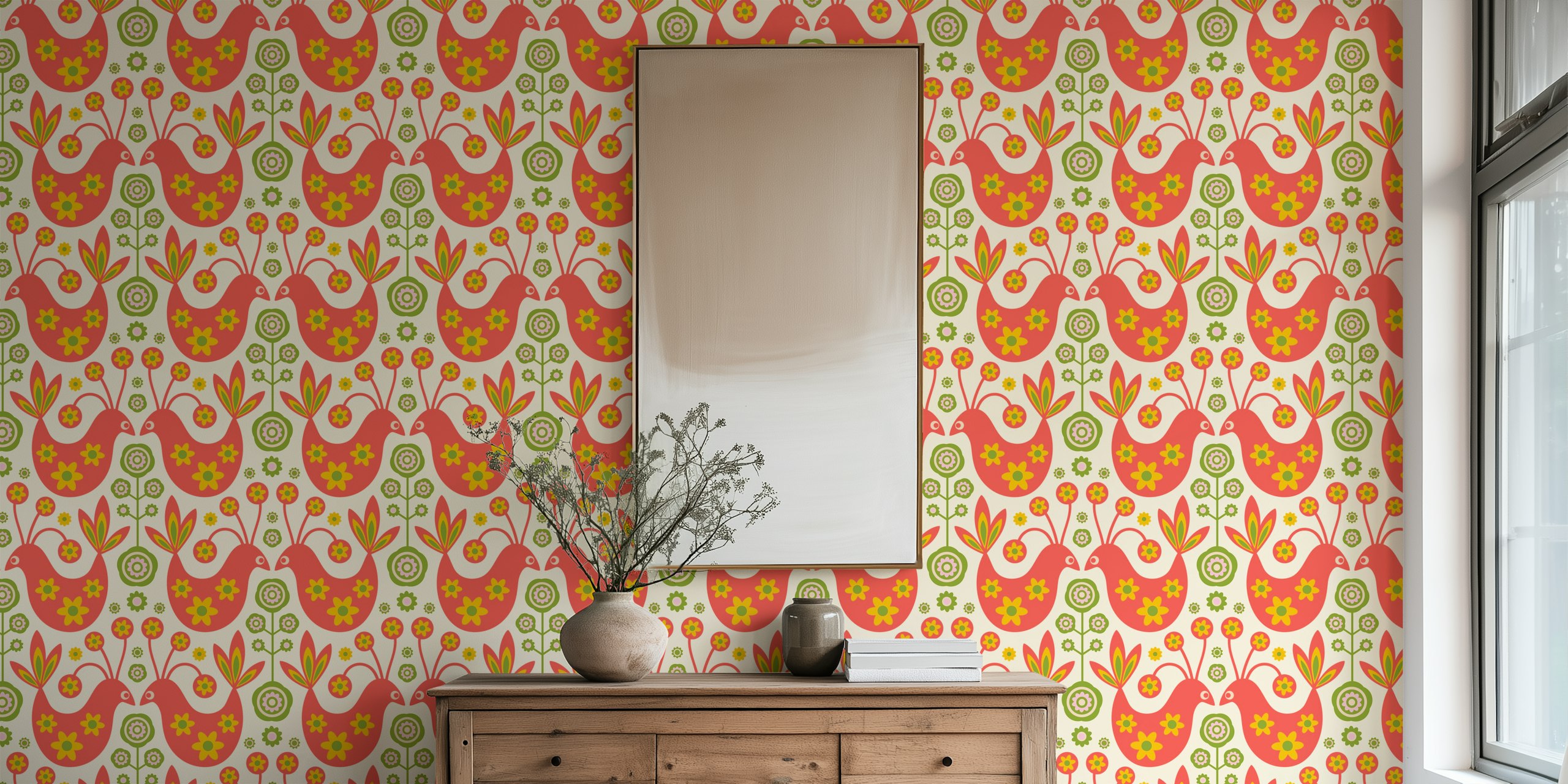 Coral retro floral pattern featuring birds and flowers wallpaper
