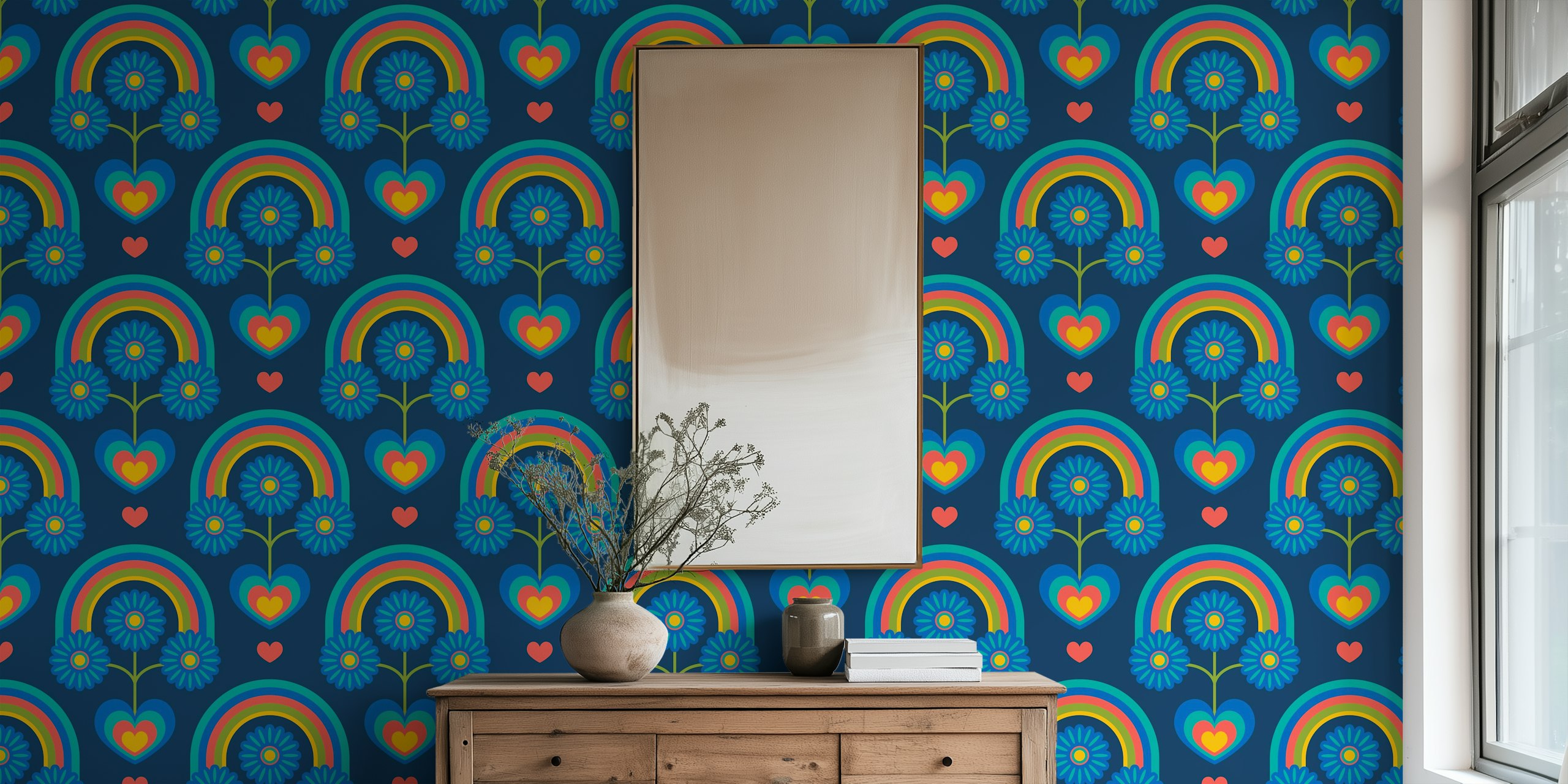 Colorful floral and rainbow patterns in blue, green, and red wallpaper