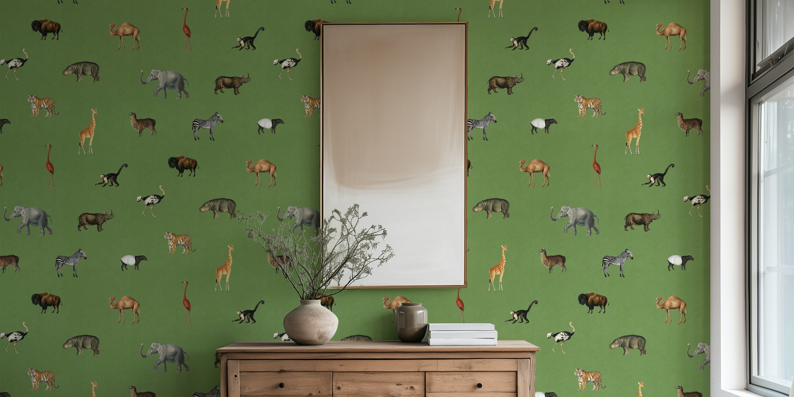 Green wallpaper with various animal illustrations including elephants, giraffes, and zebras
