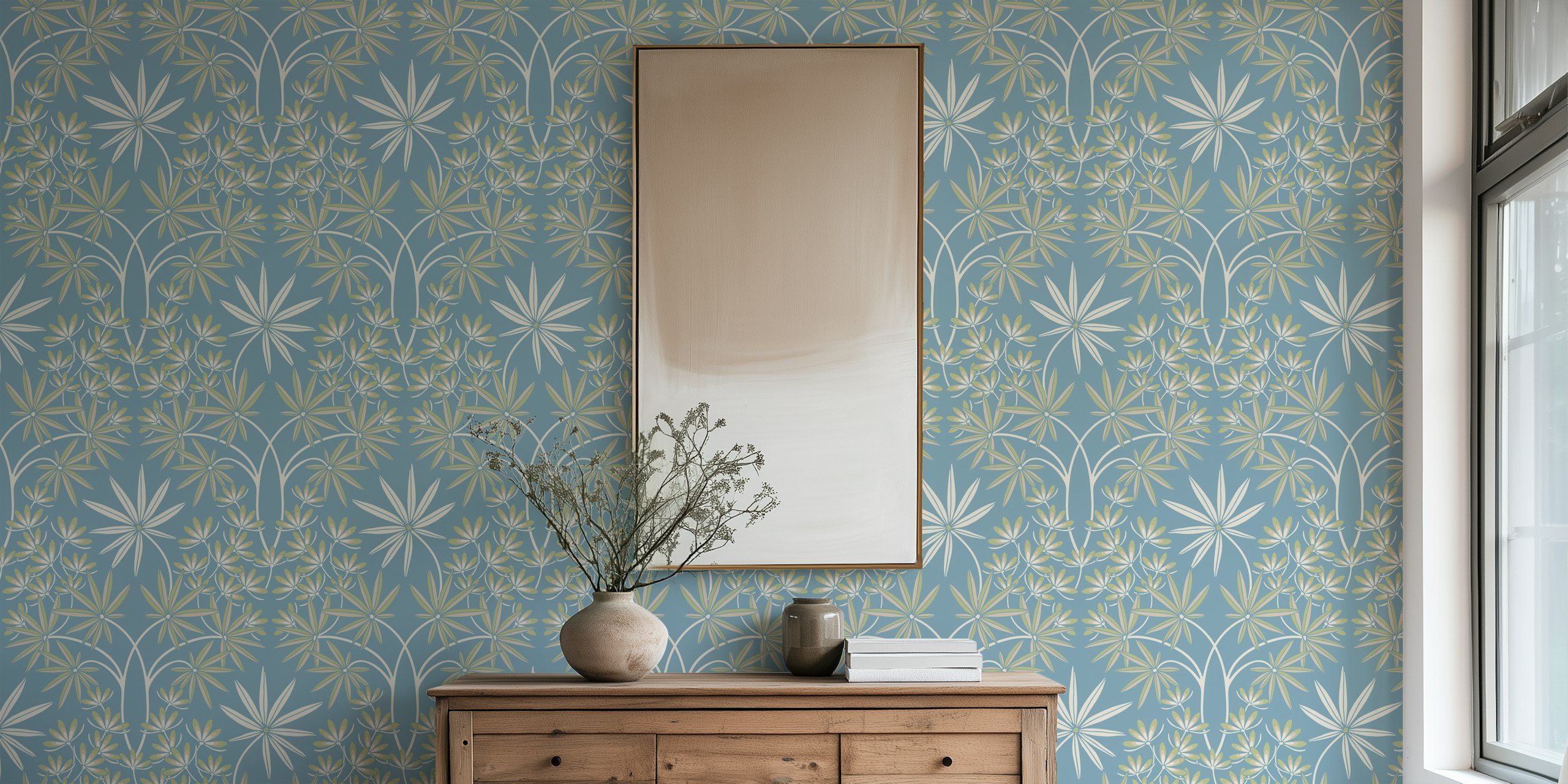 Light blue floral damask wallpaper with delicate green leaves