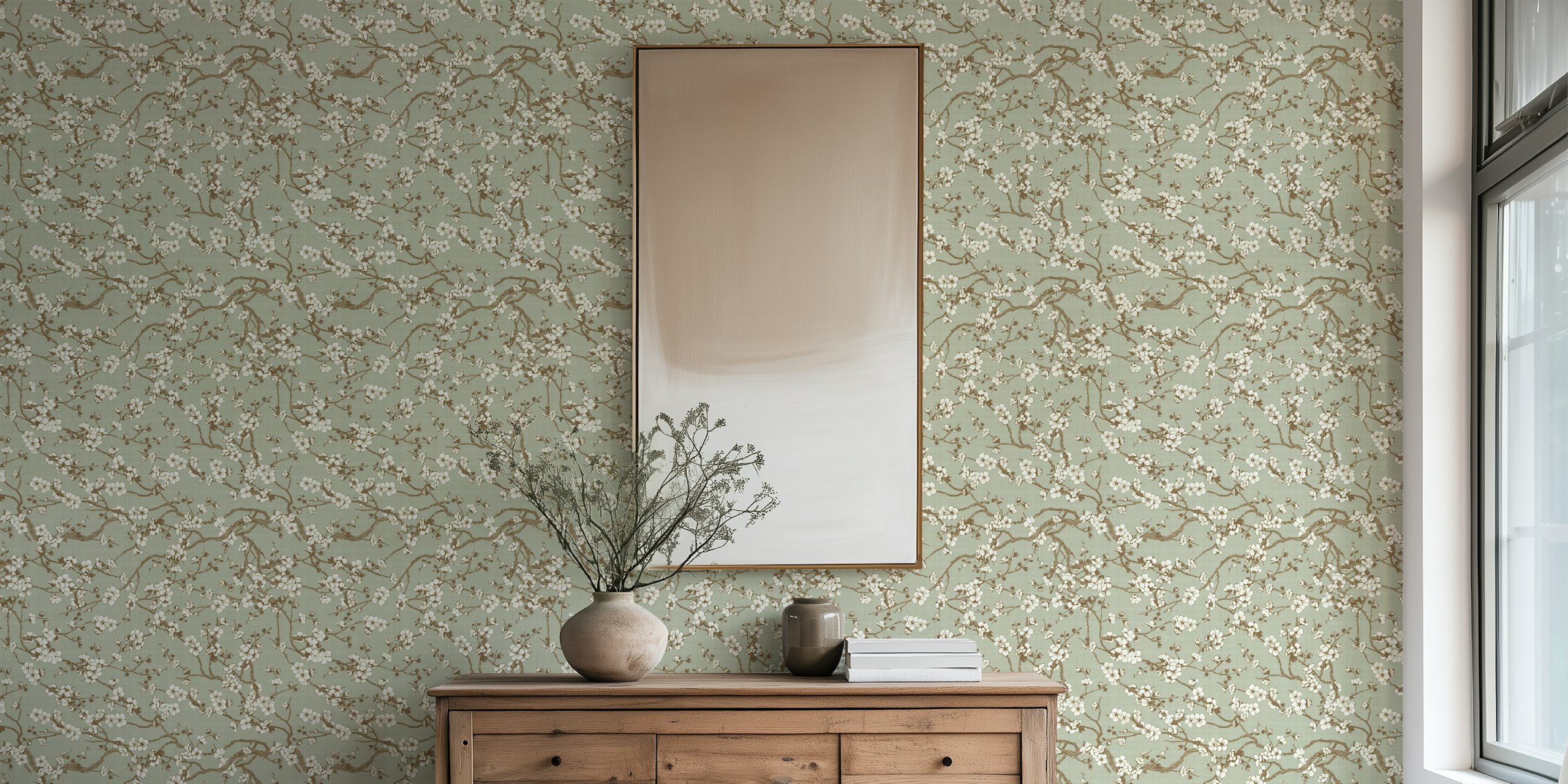 Floral branches with white blossoms on pastel green background wallpaper