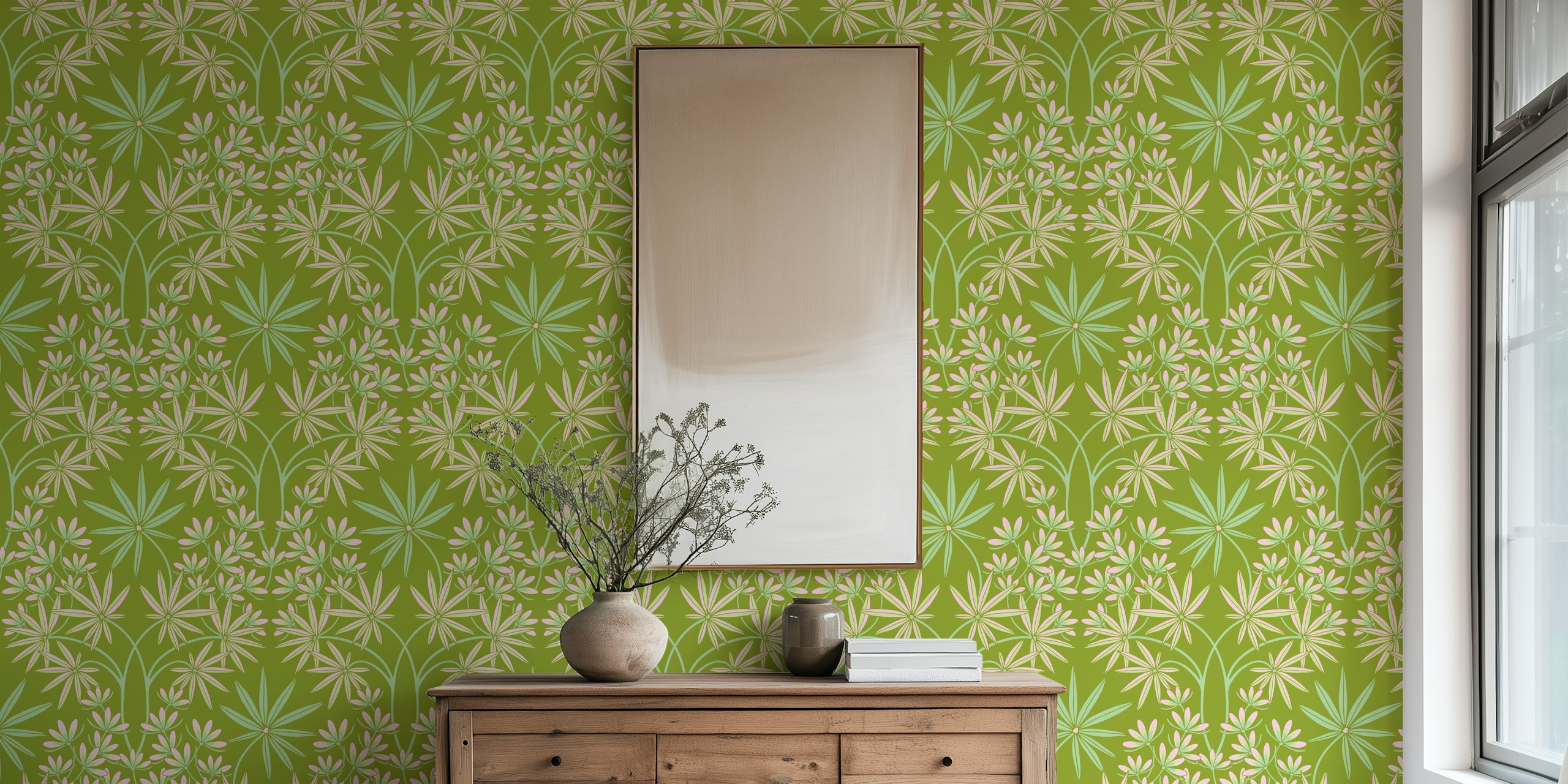 Floral damask wallpaper in spring green