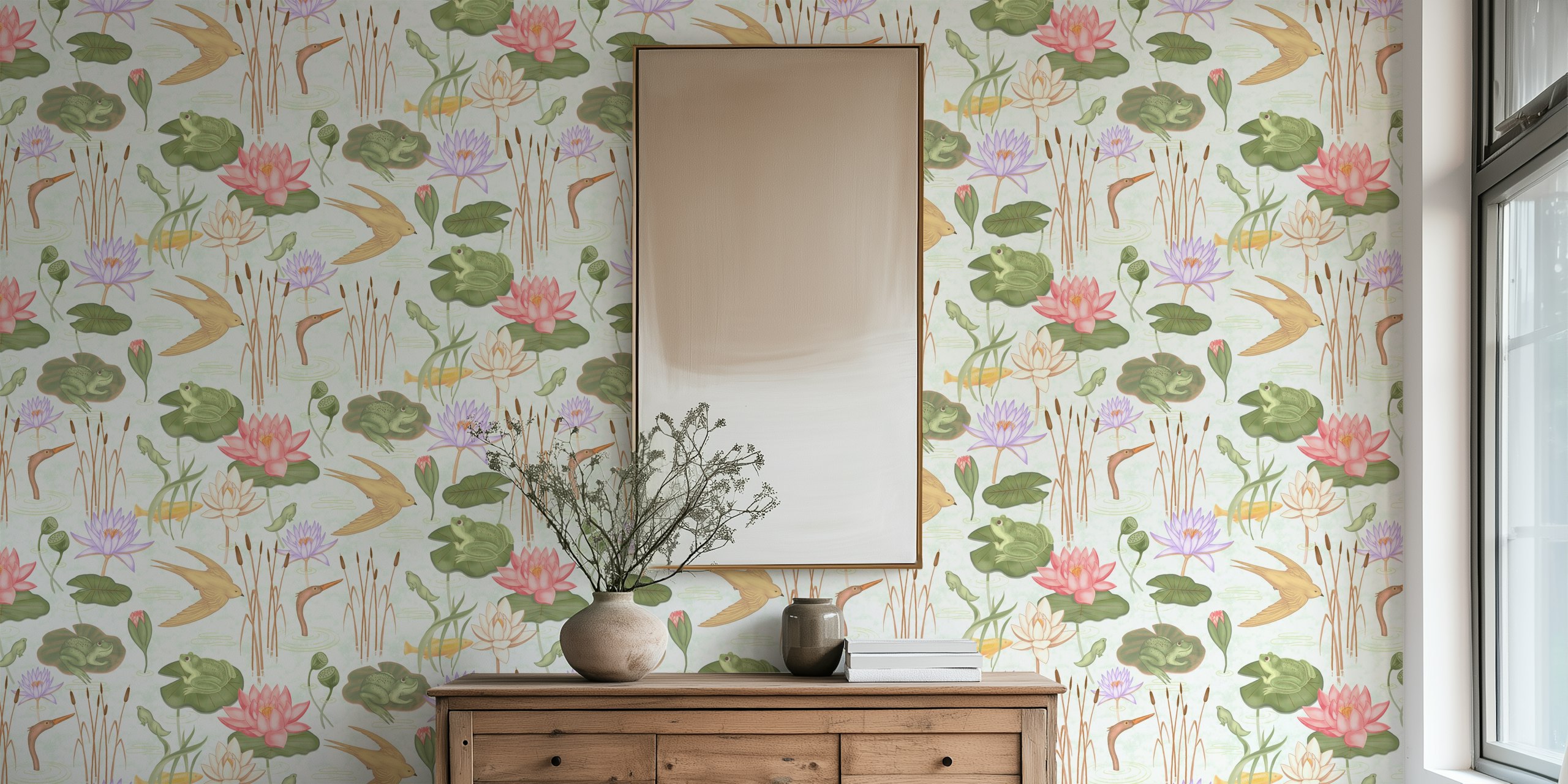 Frog and lotus illustrations in pastel colors wall mural