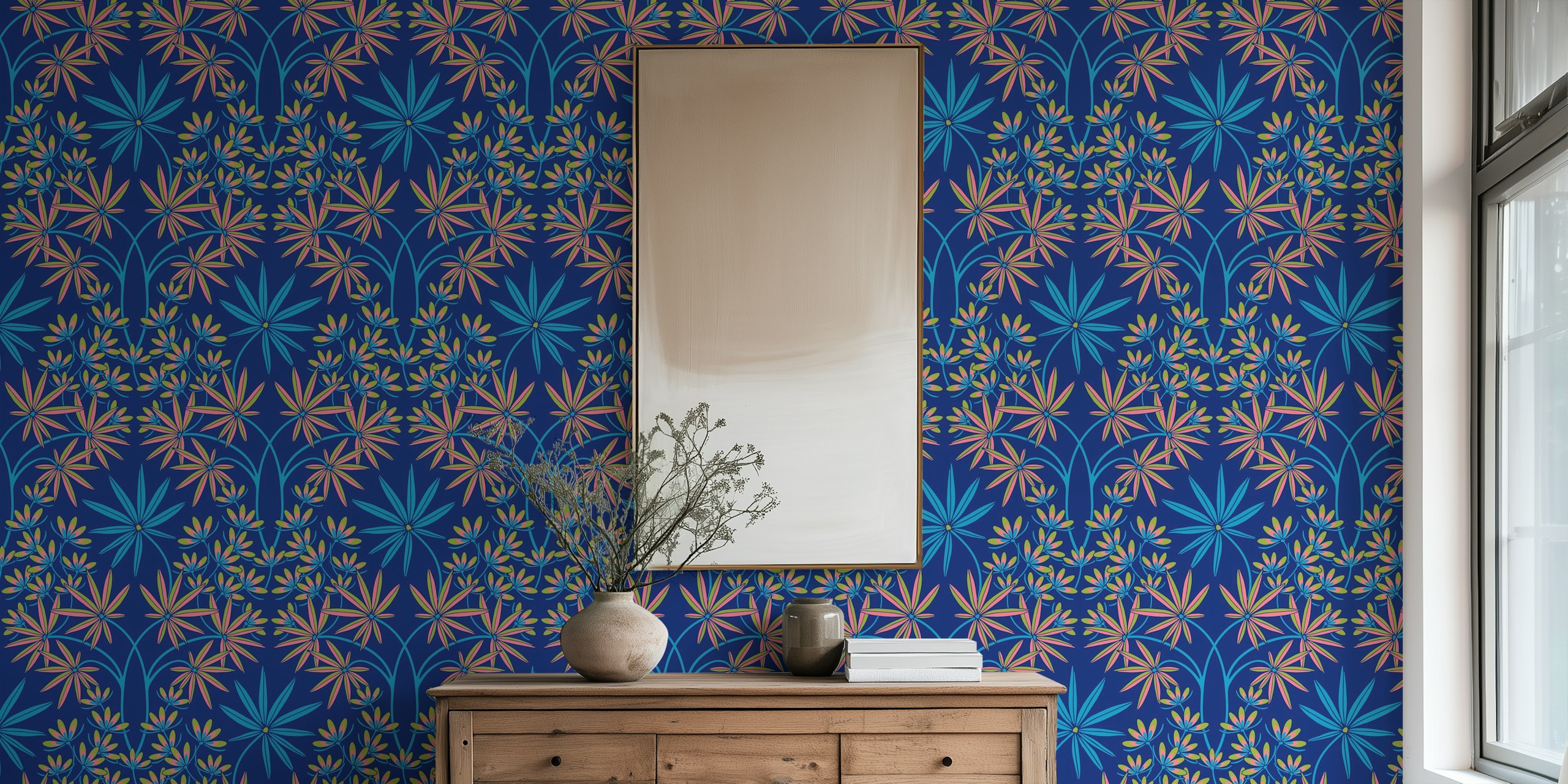 Elegant floral damask wall mural in royal blue with vibrant floral patterns