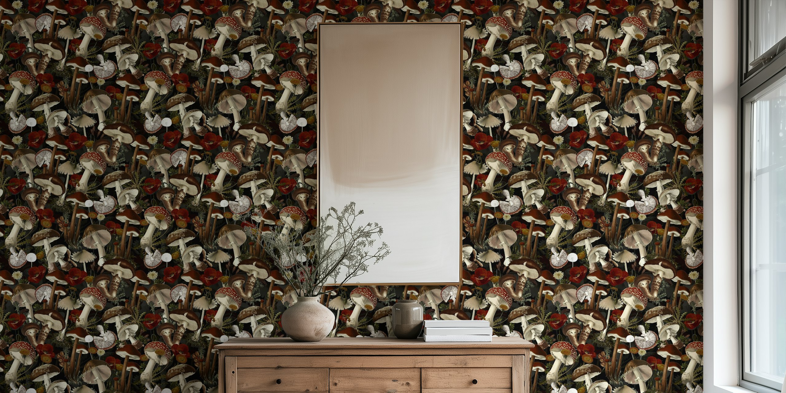 Mushroom and flower patterns in dark colors wallpaper